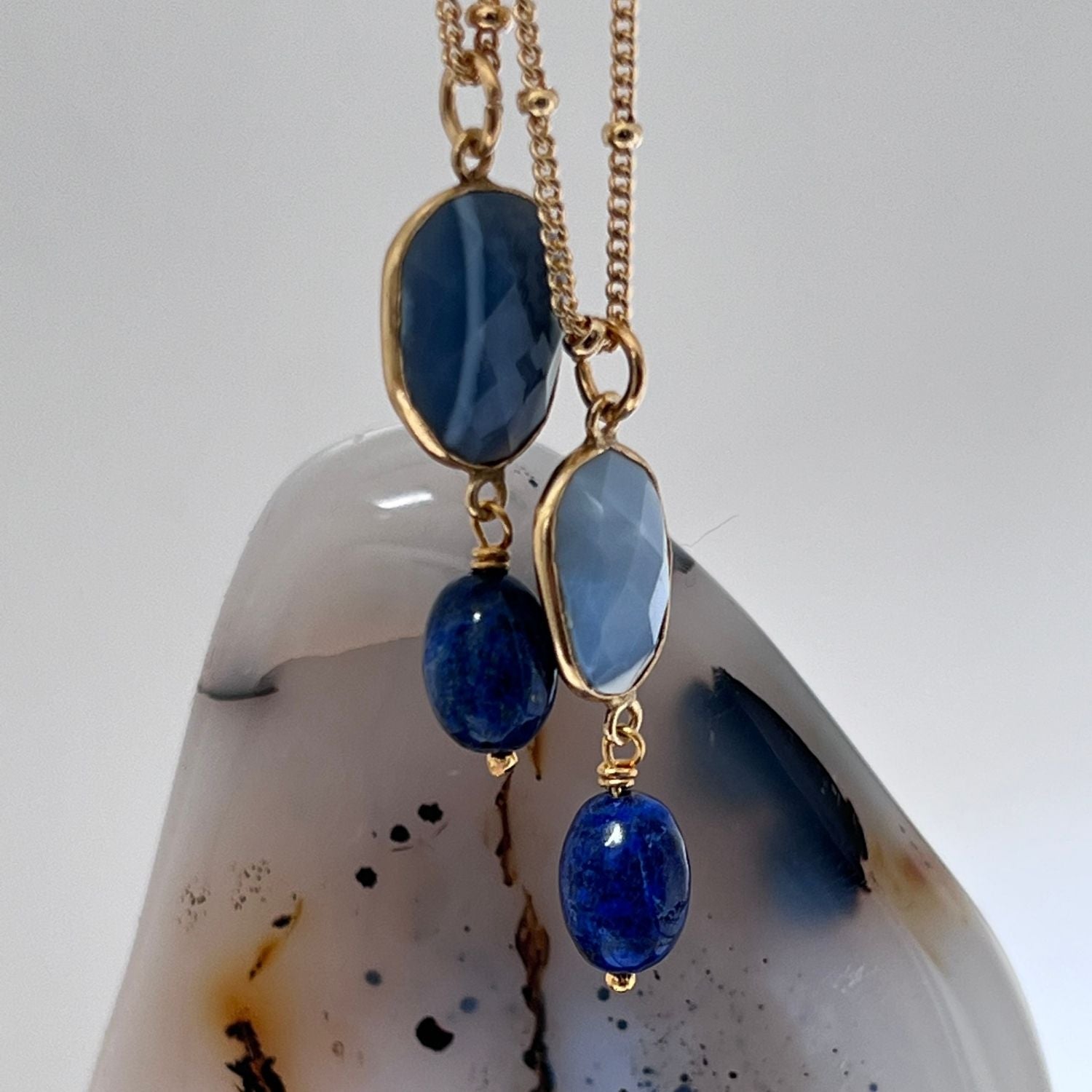 Blue Opal Free form with  Lapis Lazuli Pendant on Biba chain