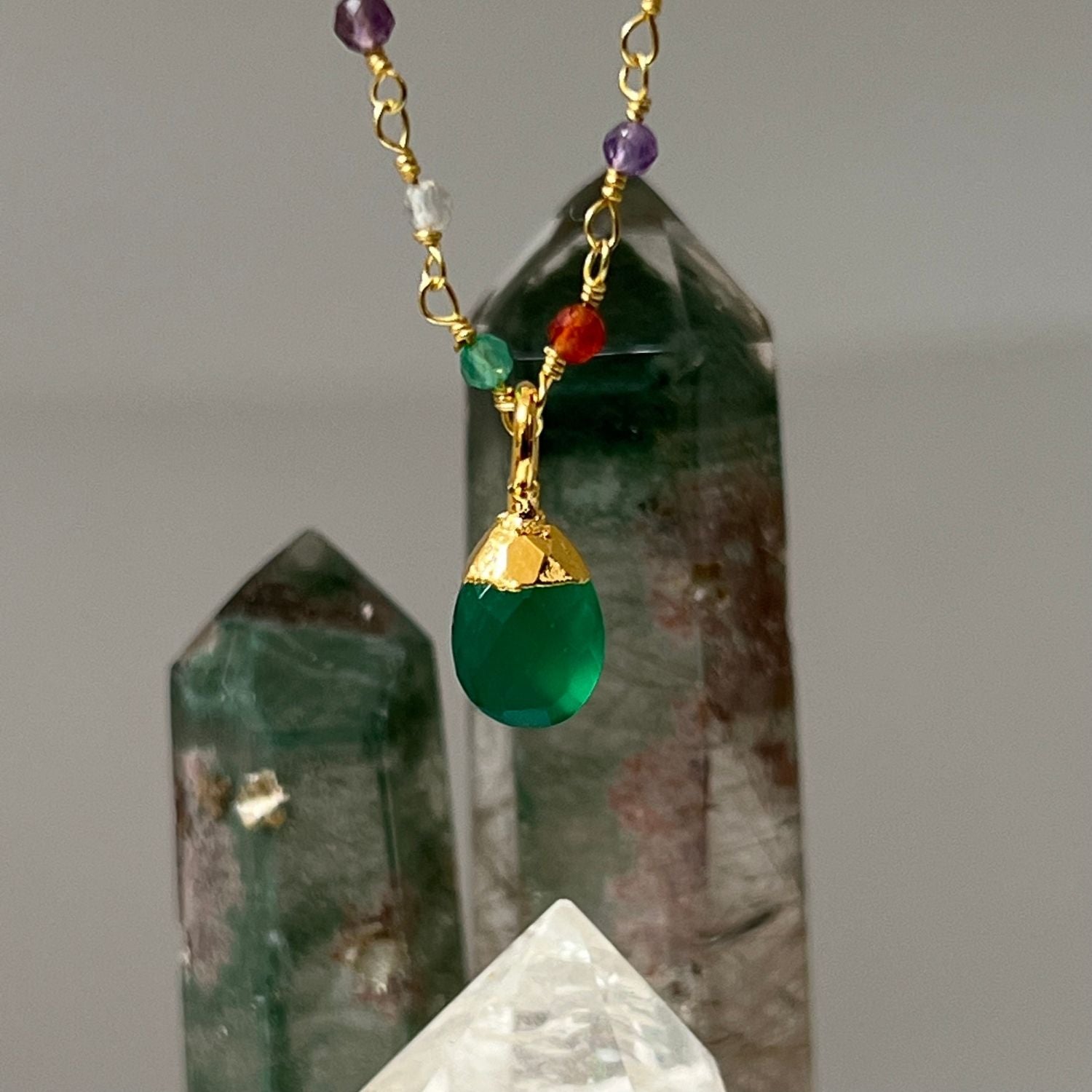 Green Onyx Briolette on Light multi rosary