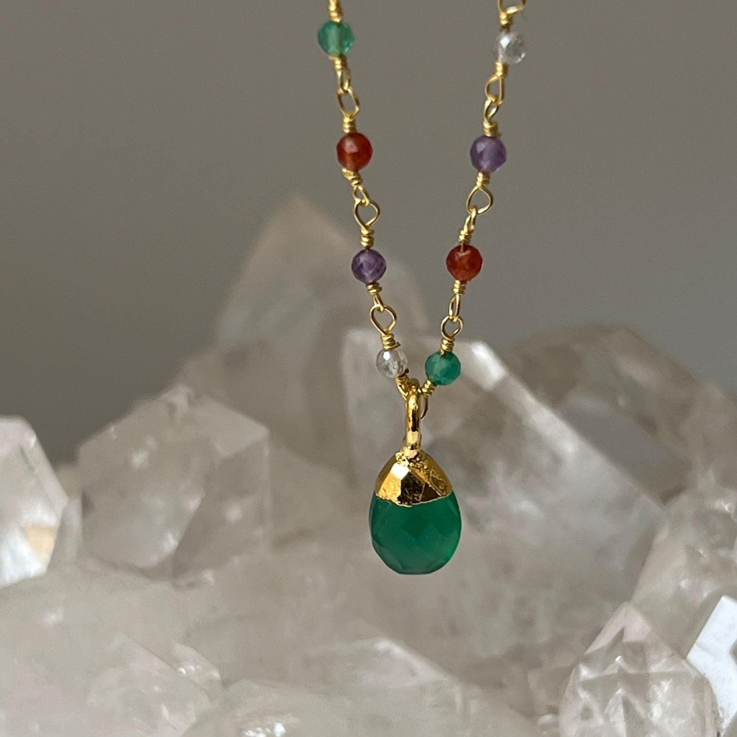 Green Onyx Briolette on Light multi rosary