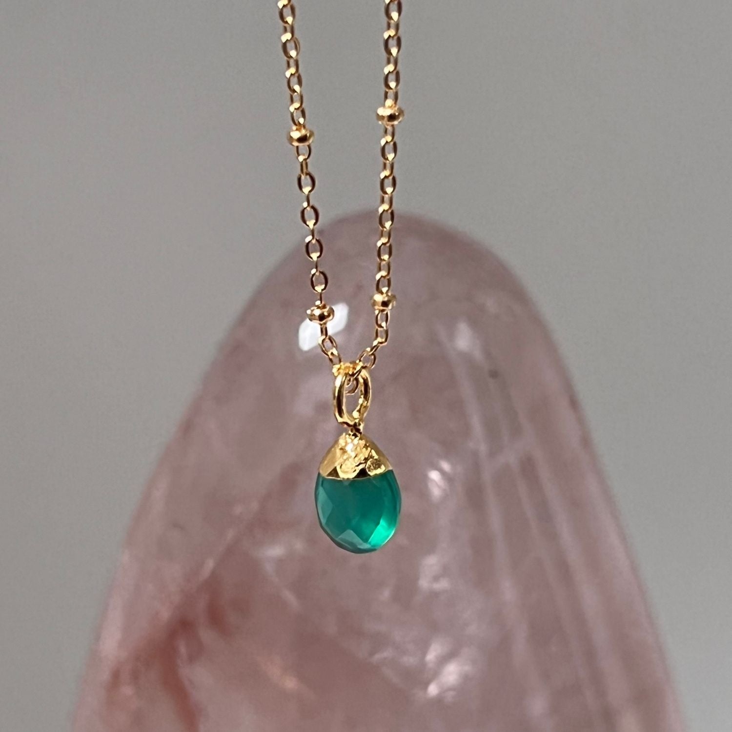 Green Onyx Briolette on Satellite Chain