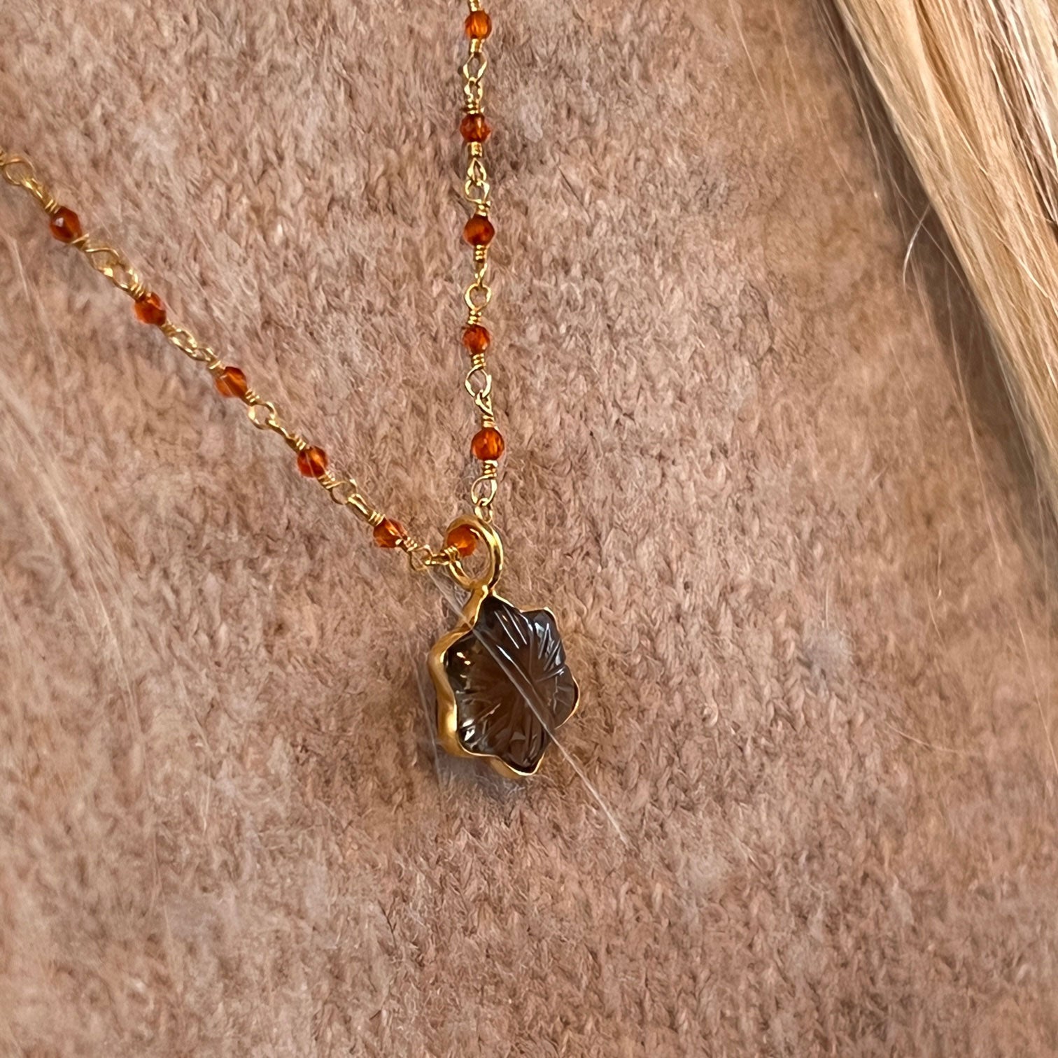 Carnelian Rosary with Carved Star Smokey Quartz