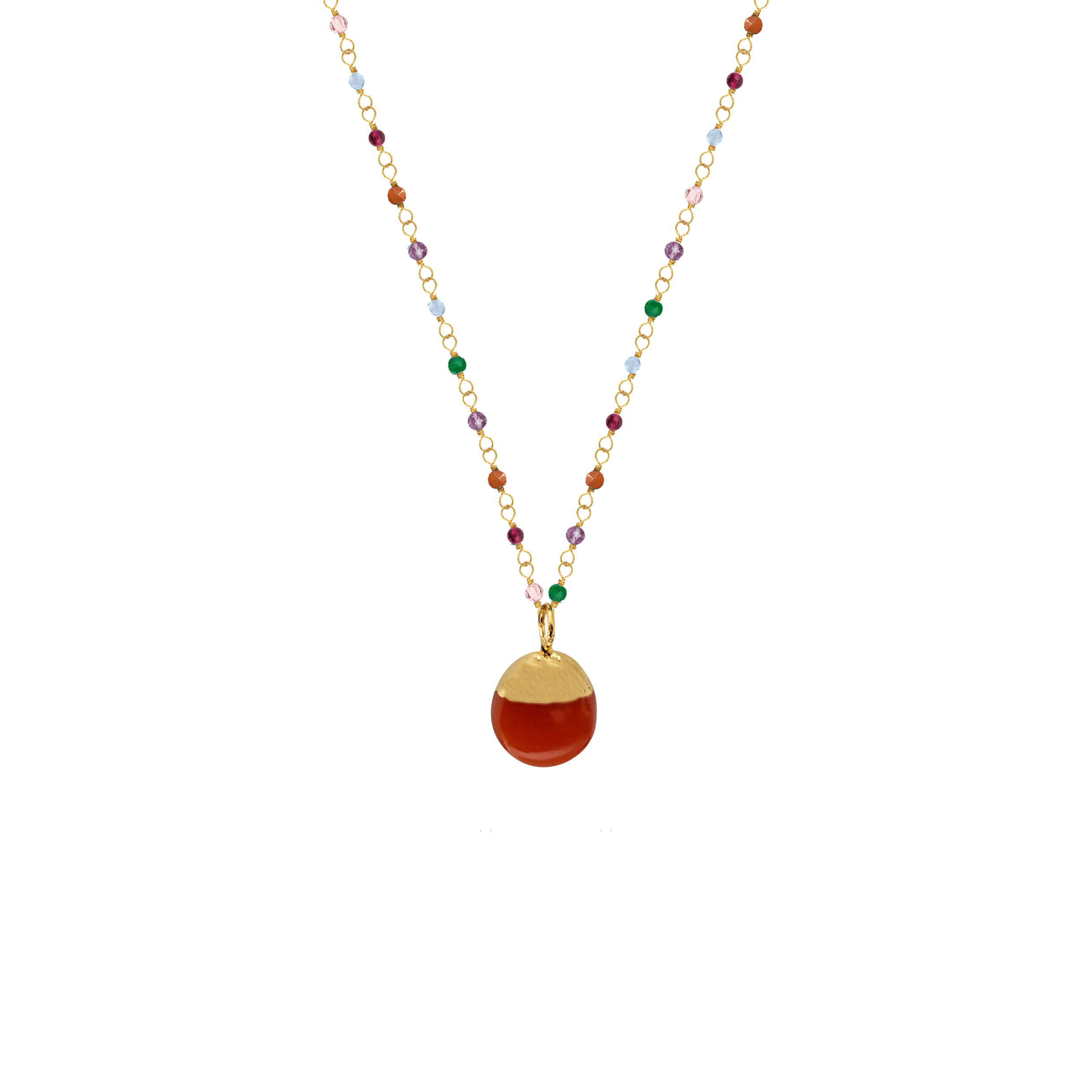 A gold-plated brass rosary necklace with a series of multicolored precious and semi-precious stones and a prominent carnelian pebble at the center.