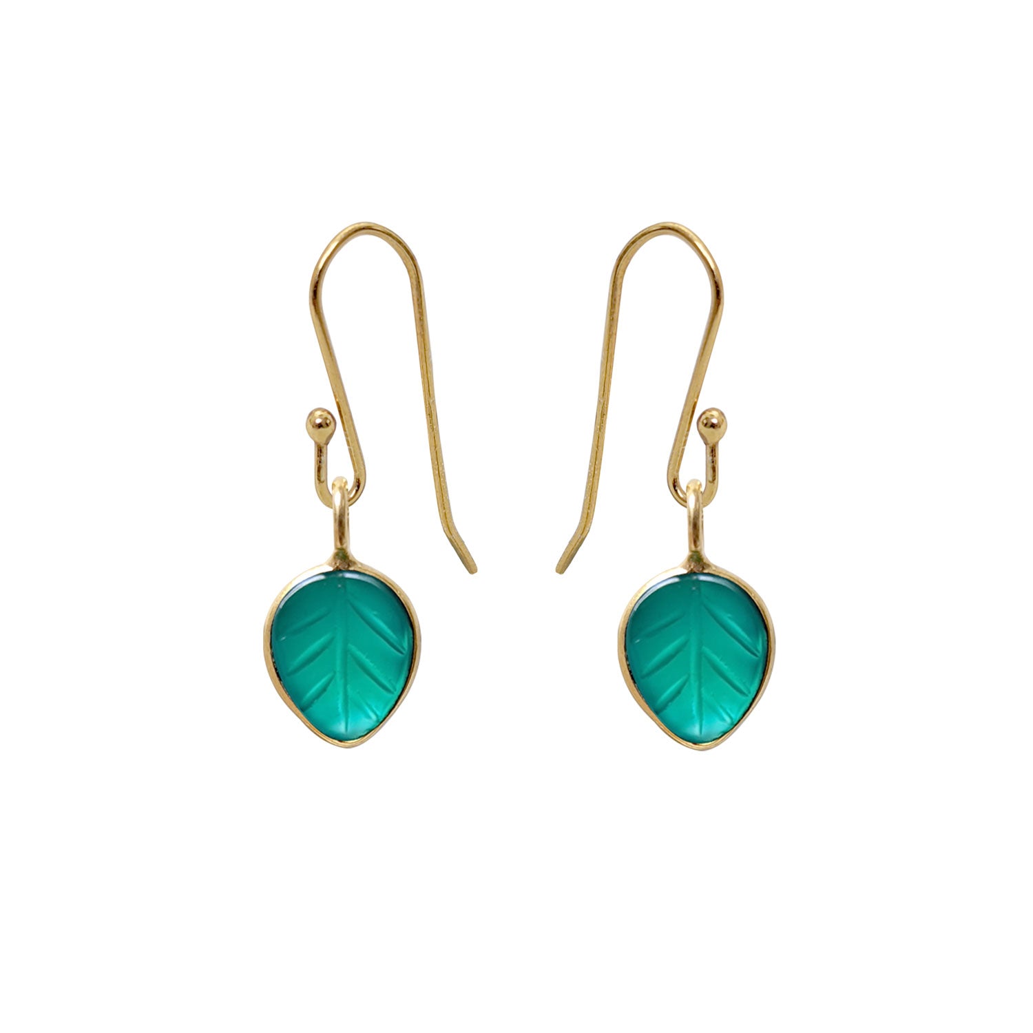 Carved Leaf Green Onyx Hooks Earrings