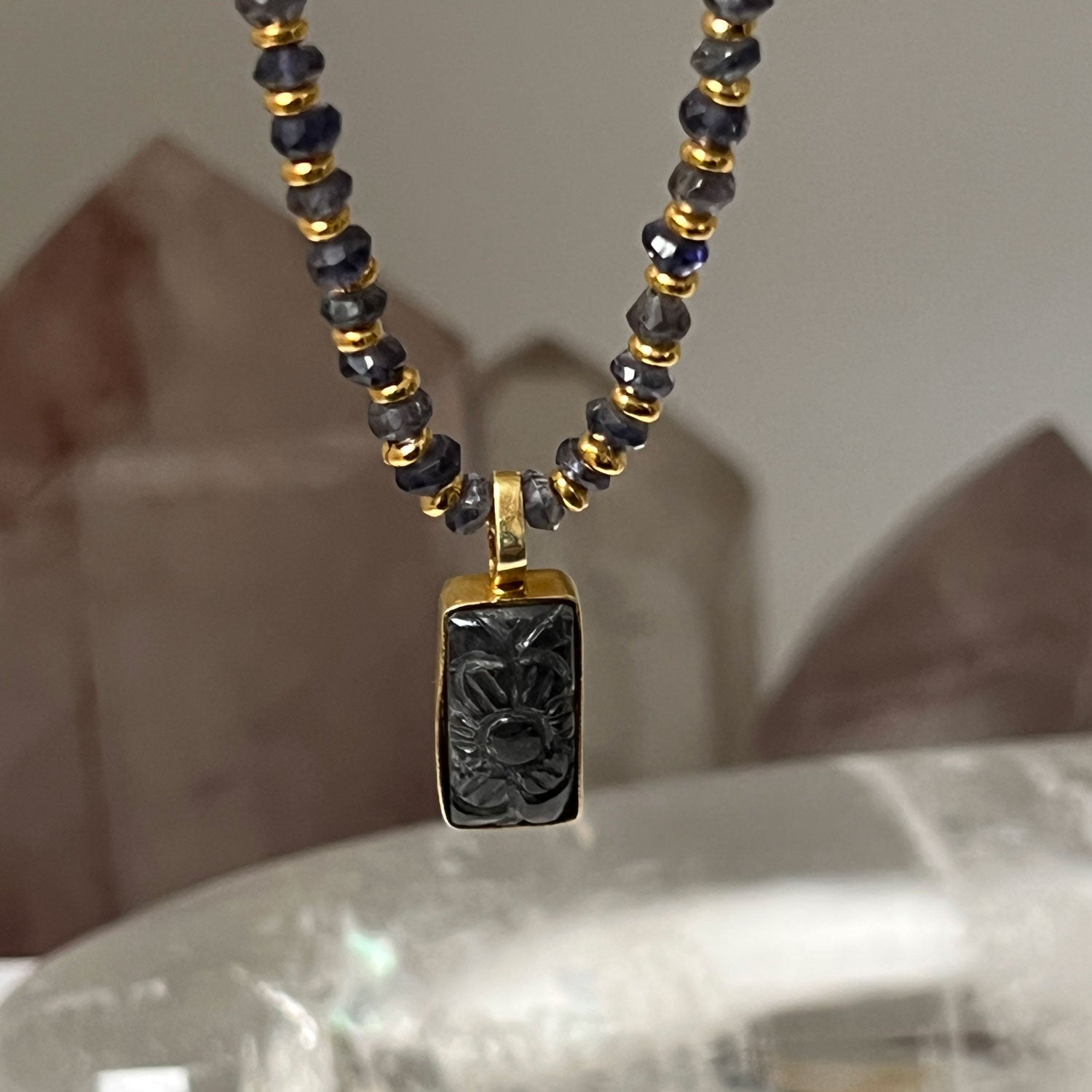Carved Iolite pendant in Vermeil on Iolite Chain