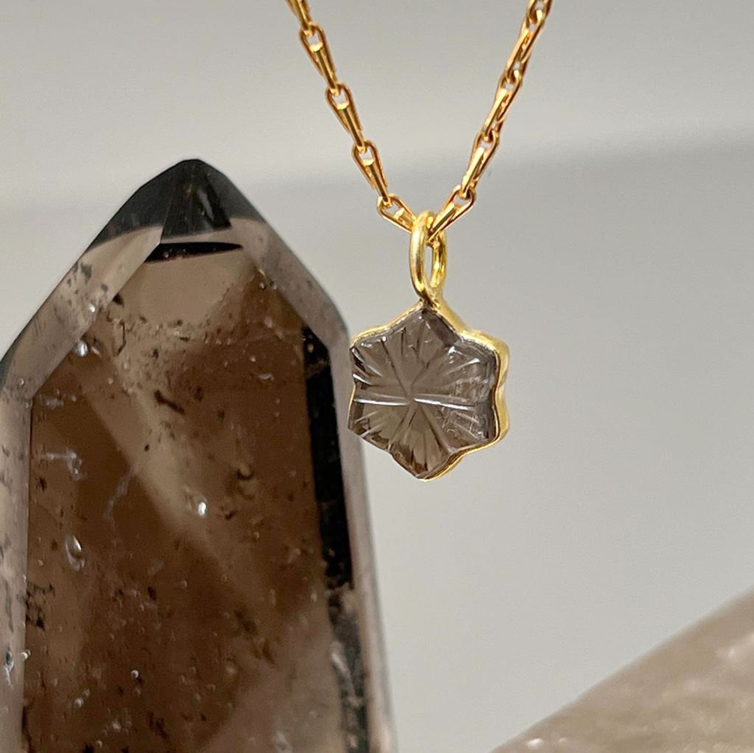 Carved Star Pendant Smokey Quartz on mini torsade chain