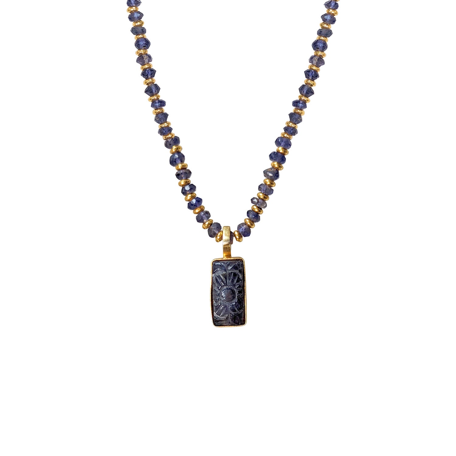 Carved Iolite pendant in Vermeil on Iolite Chain