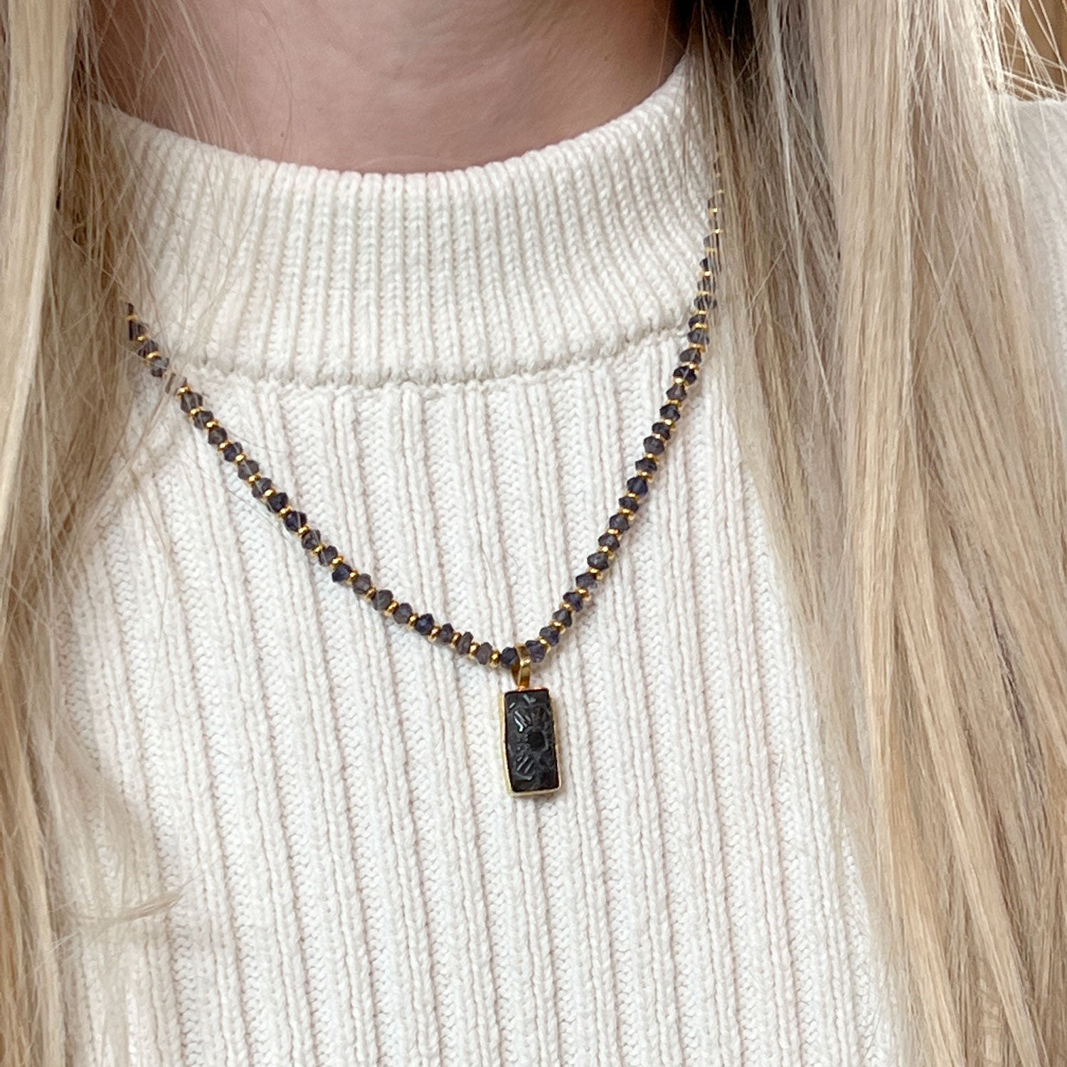 Carved Iolite pendant in Vermeil on Iolite Chain