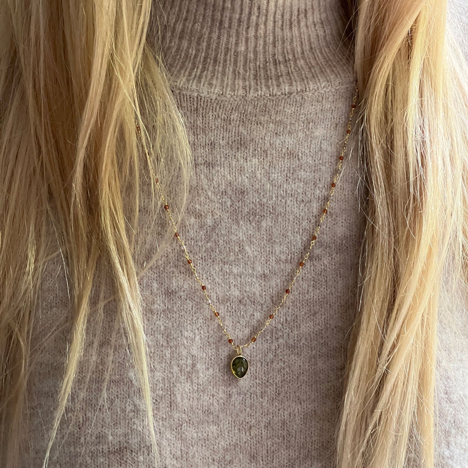 Citrine and Smokey Quartz rosary with carved peridot leaf pendant