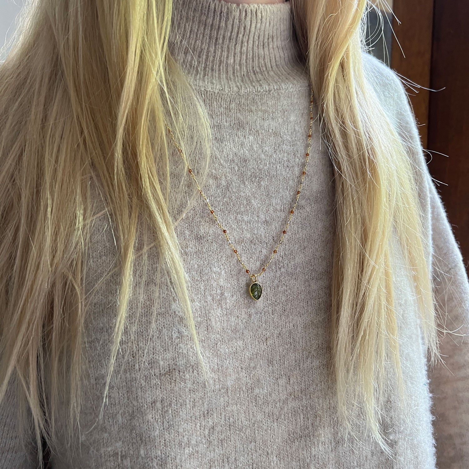 Citrine and Smokey Quartz rosary with carved peridot leaf pendant