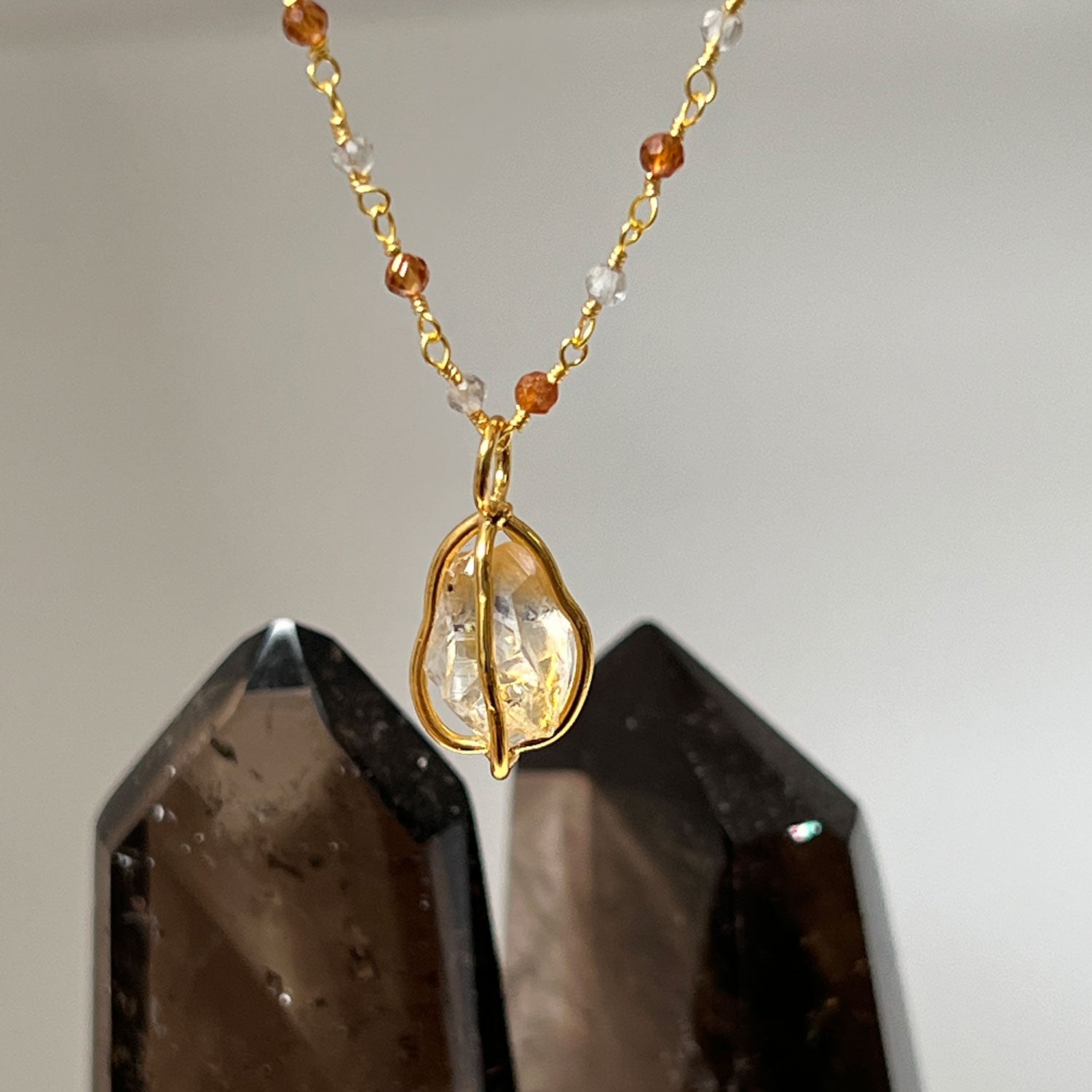 Citrine and Smokey Quartz Rosary with Raw Citrine in cage pendant