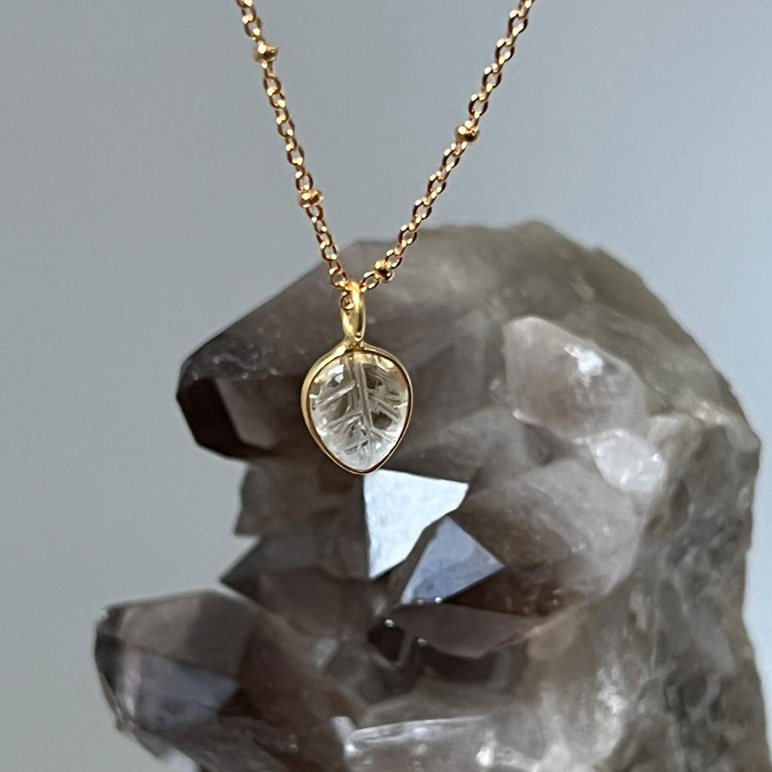 Citrine Carved Leaf Pendant on Satellite chain