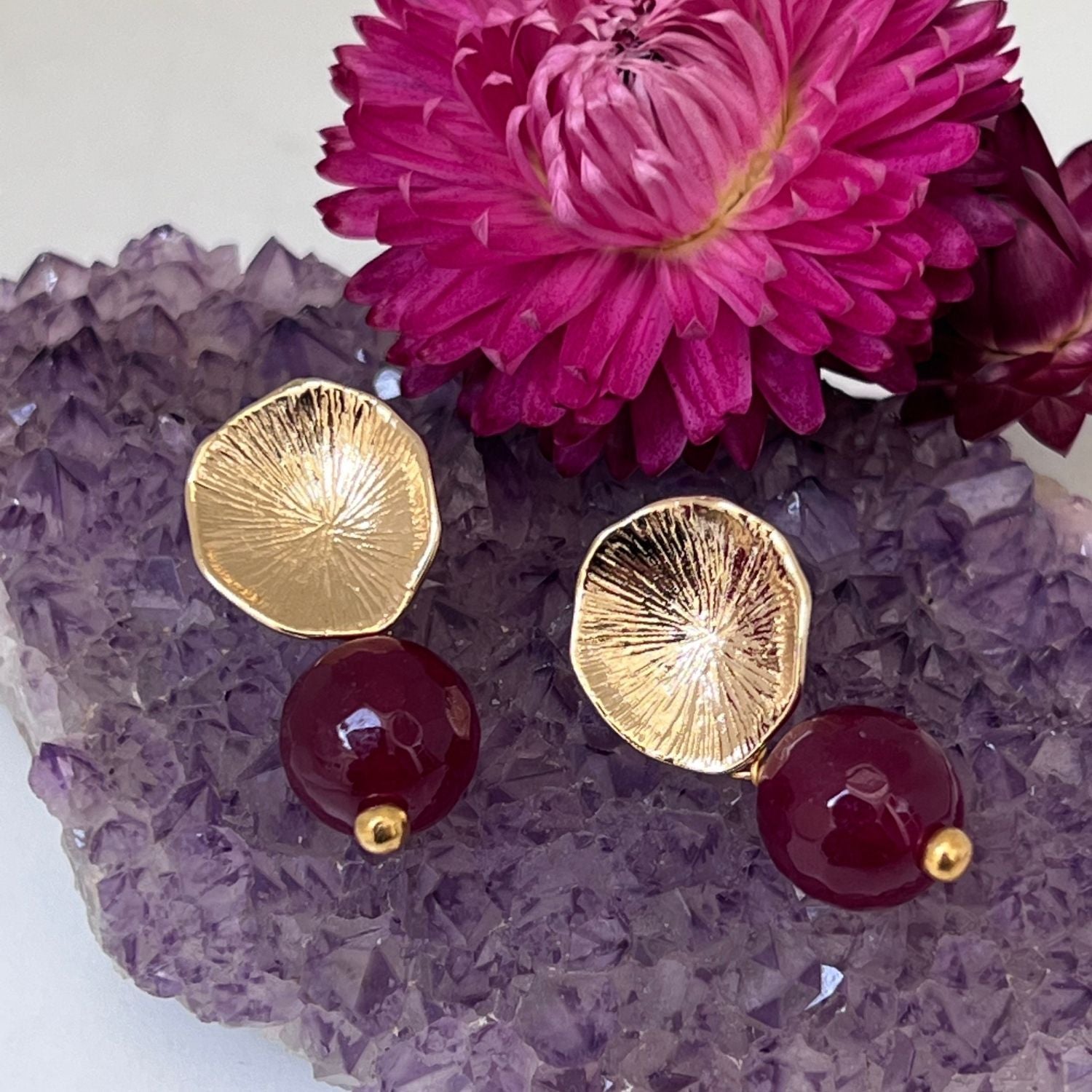 Flower Coral Earrings with Aubergine Rani Quartz