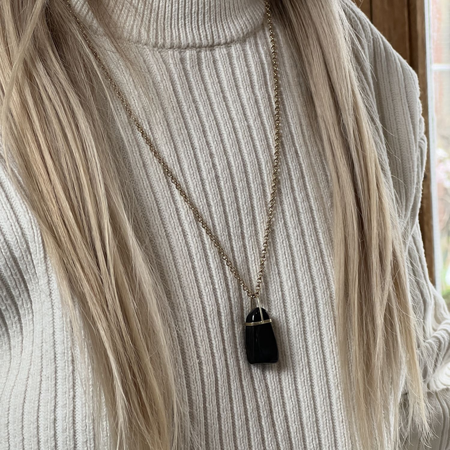 Unique Dark Blue Freeform Agate Bridge Set on Baby Belcher Chain