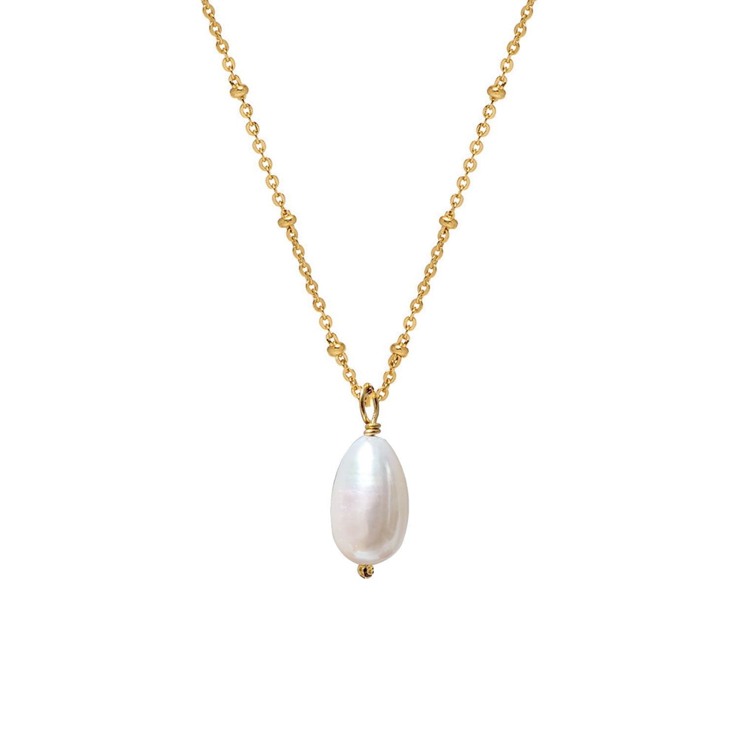 A single freshwater pearl drop necklace on a gold-plated satellite chain with a white pearl and gold hardware.