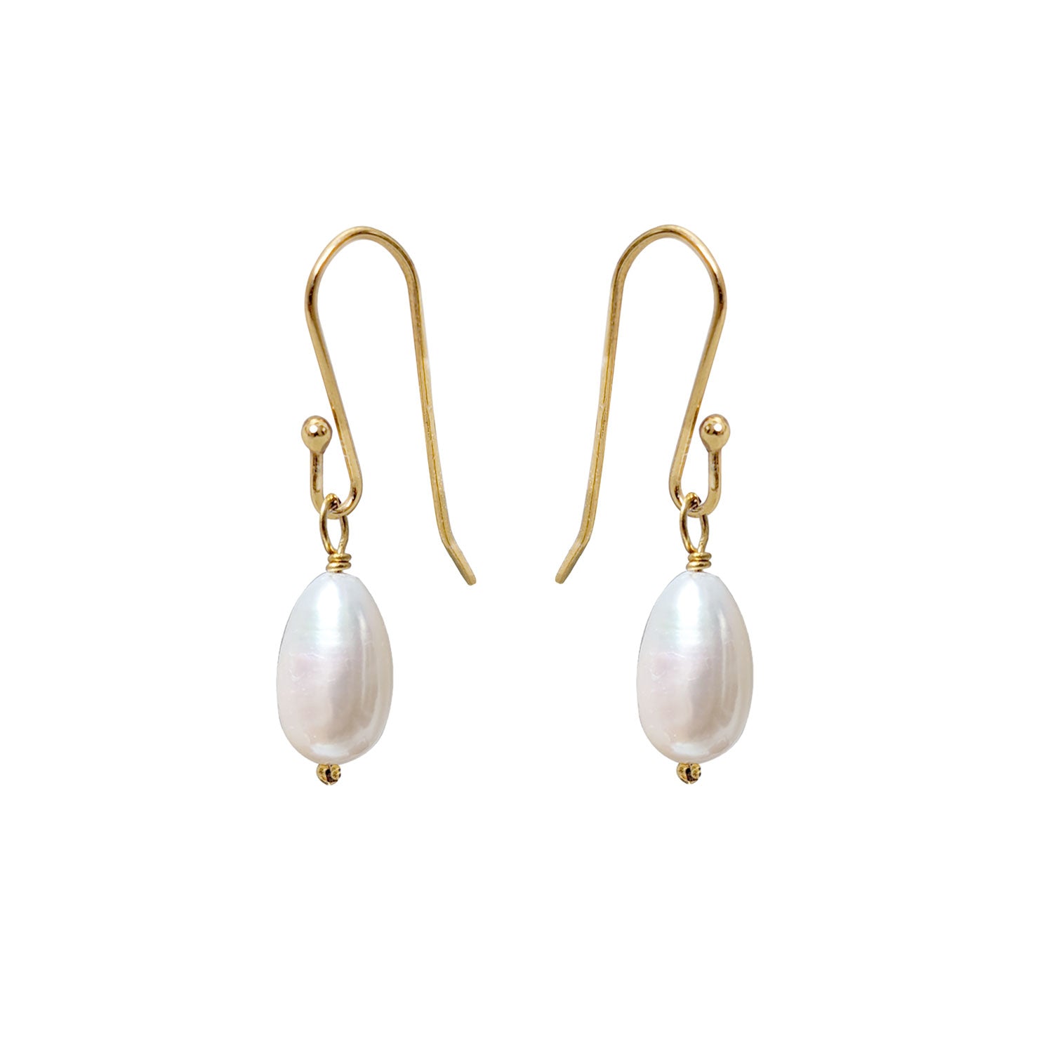 A pair of gold-plated sterling silver earrings featuring drop-shaped freshwater pearls.