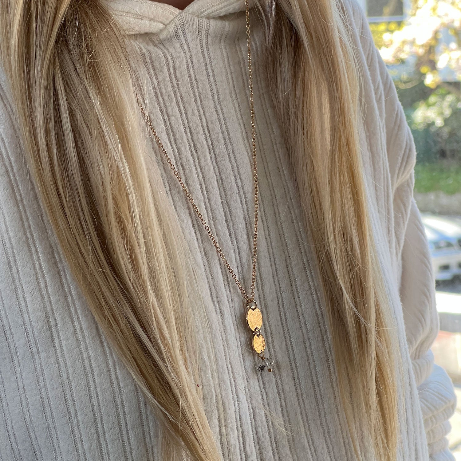 Double Harmonia Pendant with Herkimer Diamond on Long Simple Chain