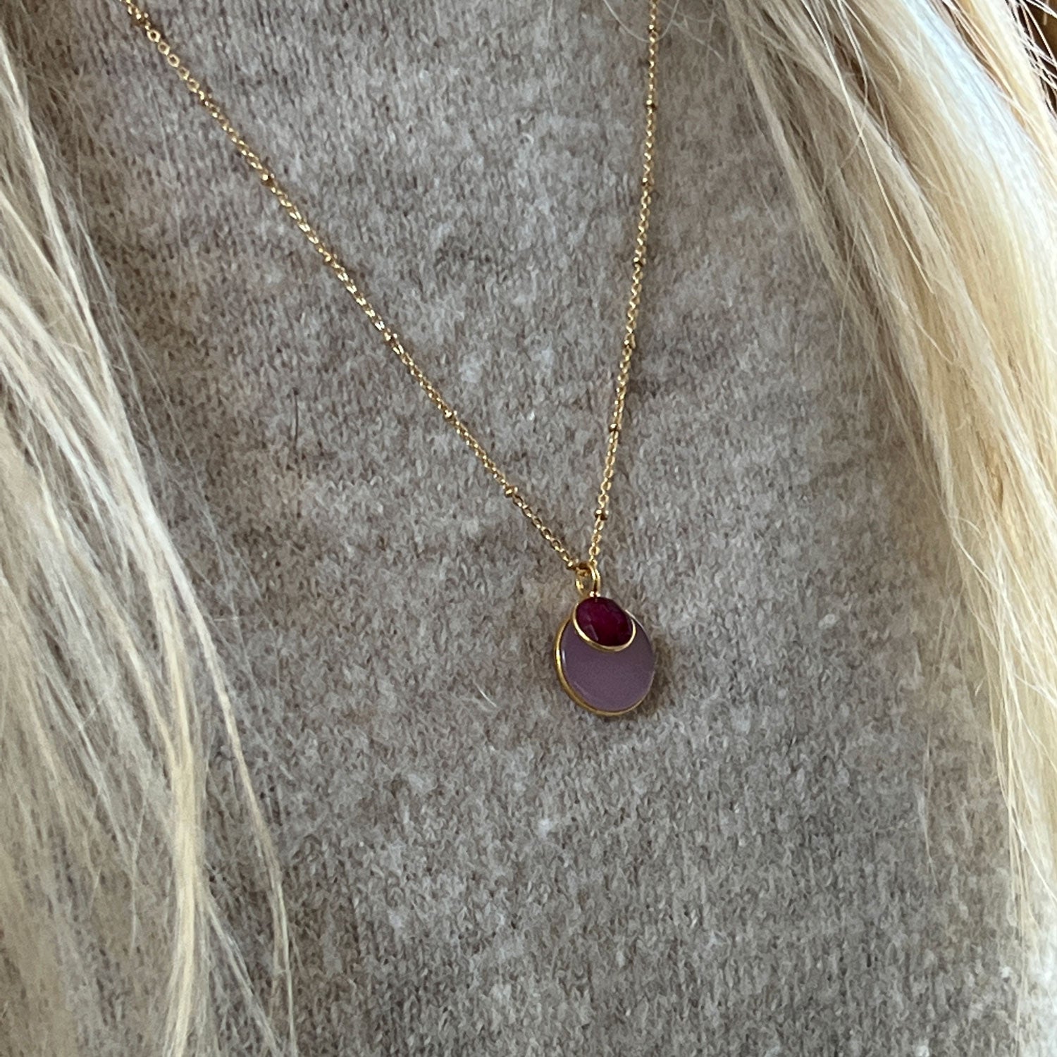 Duo Pink Ruby Pendant on Long Satellite Chain