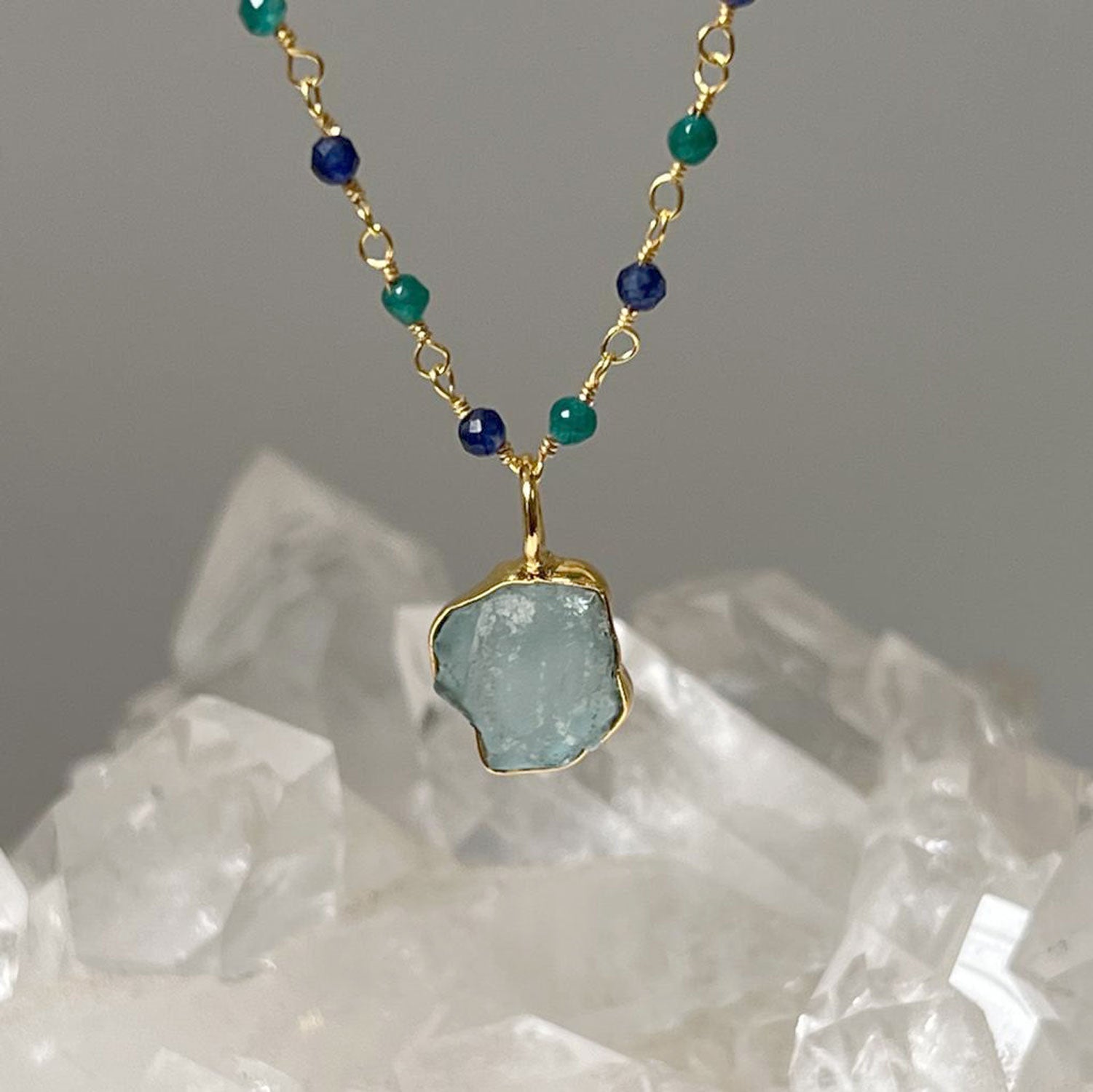 Emerald & Sapphire Rosary with Aquamarine Freeform Slice