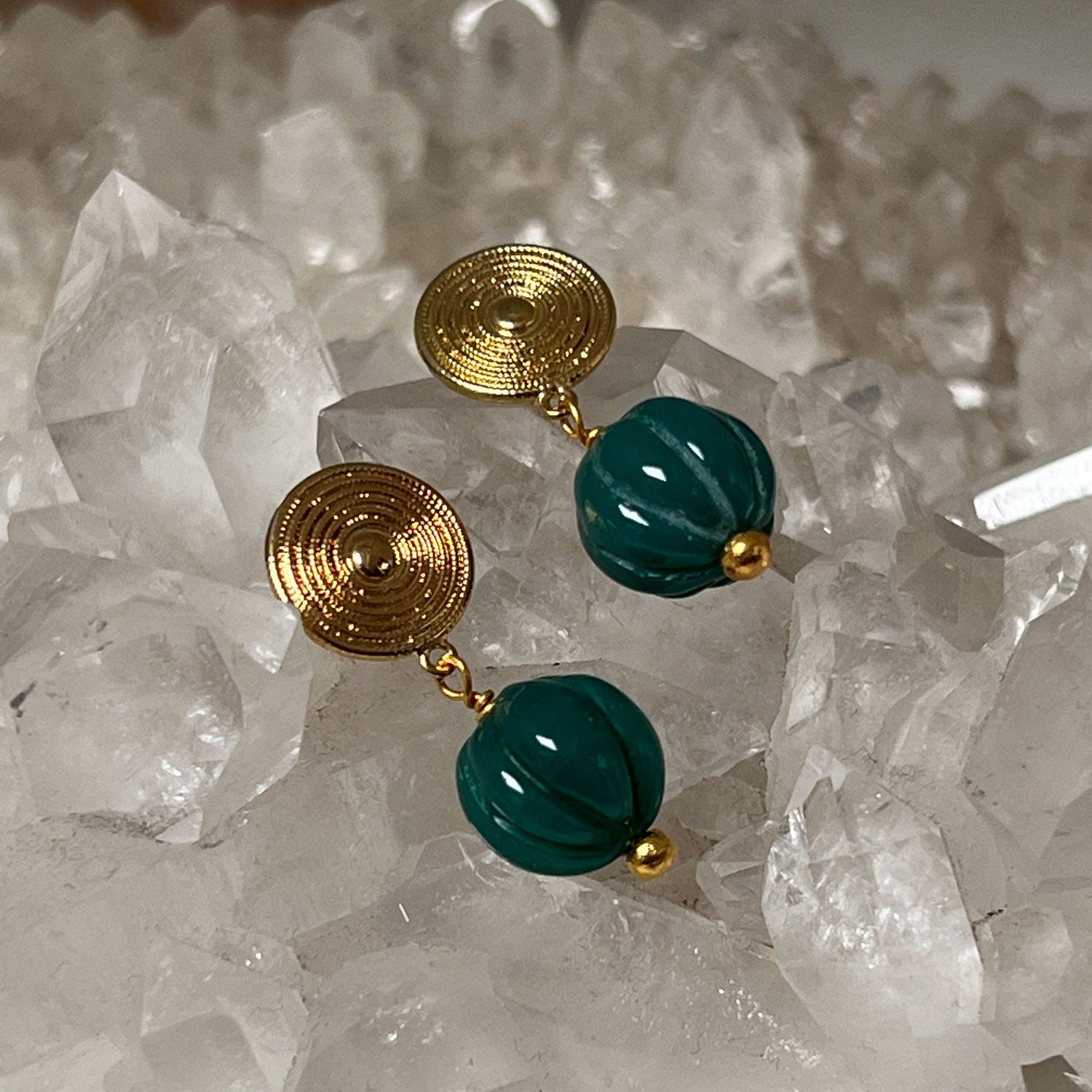 Etrusca Studs Carved Green Agate