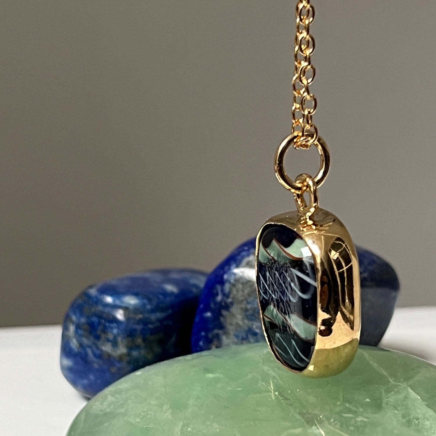 Fairtrade Bezeled Pendant Blue Glass on Simple Chain