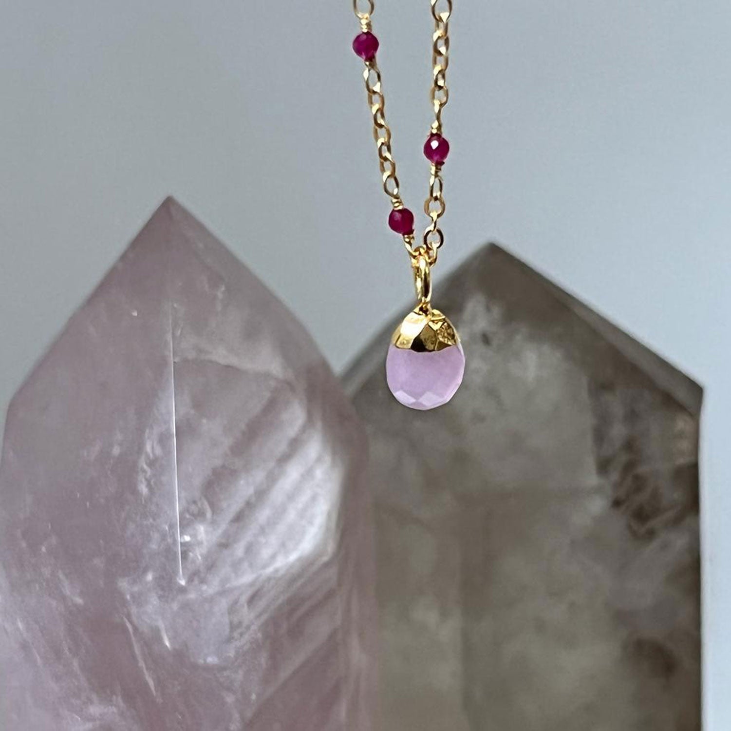 Fancy Ruby Rosary with Pink Chalcedony Briolette