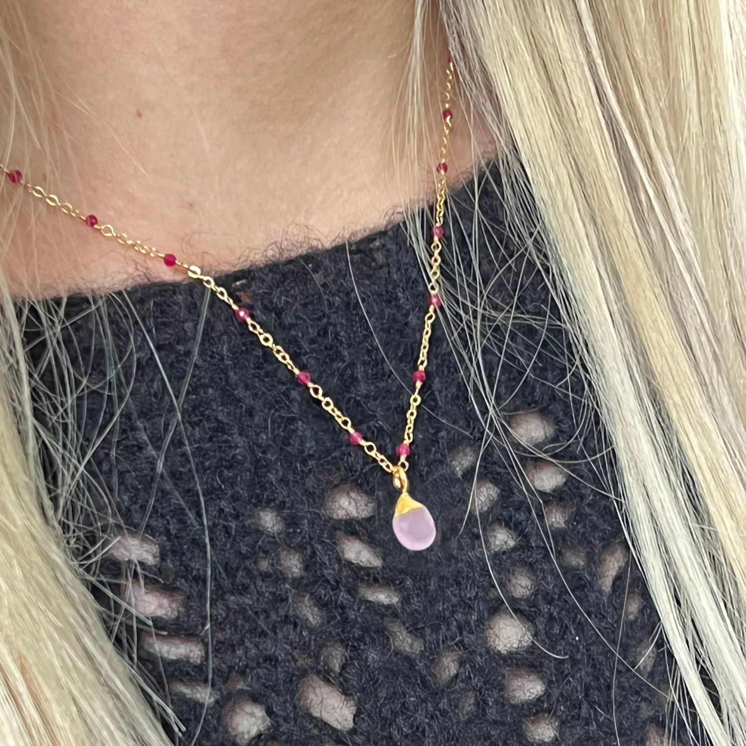 Fancy Ruby Rosary with Pink Chalcedony Briolette