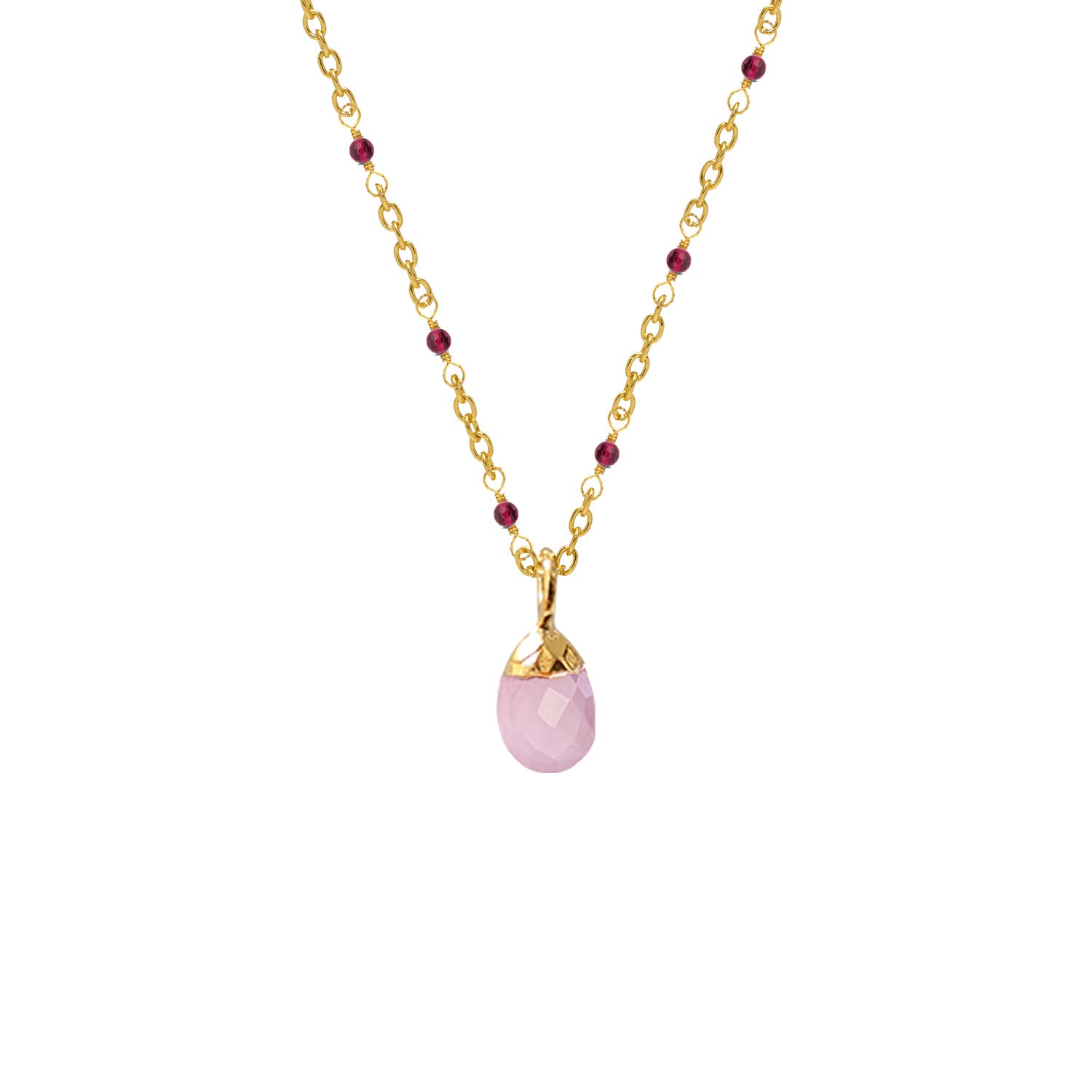 Fancy Ruby Rosary with Pink Chalcedony Briolette