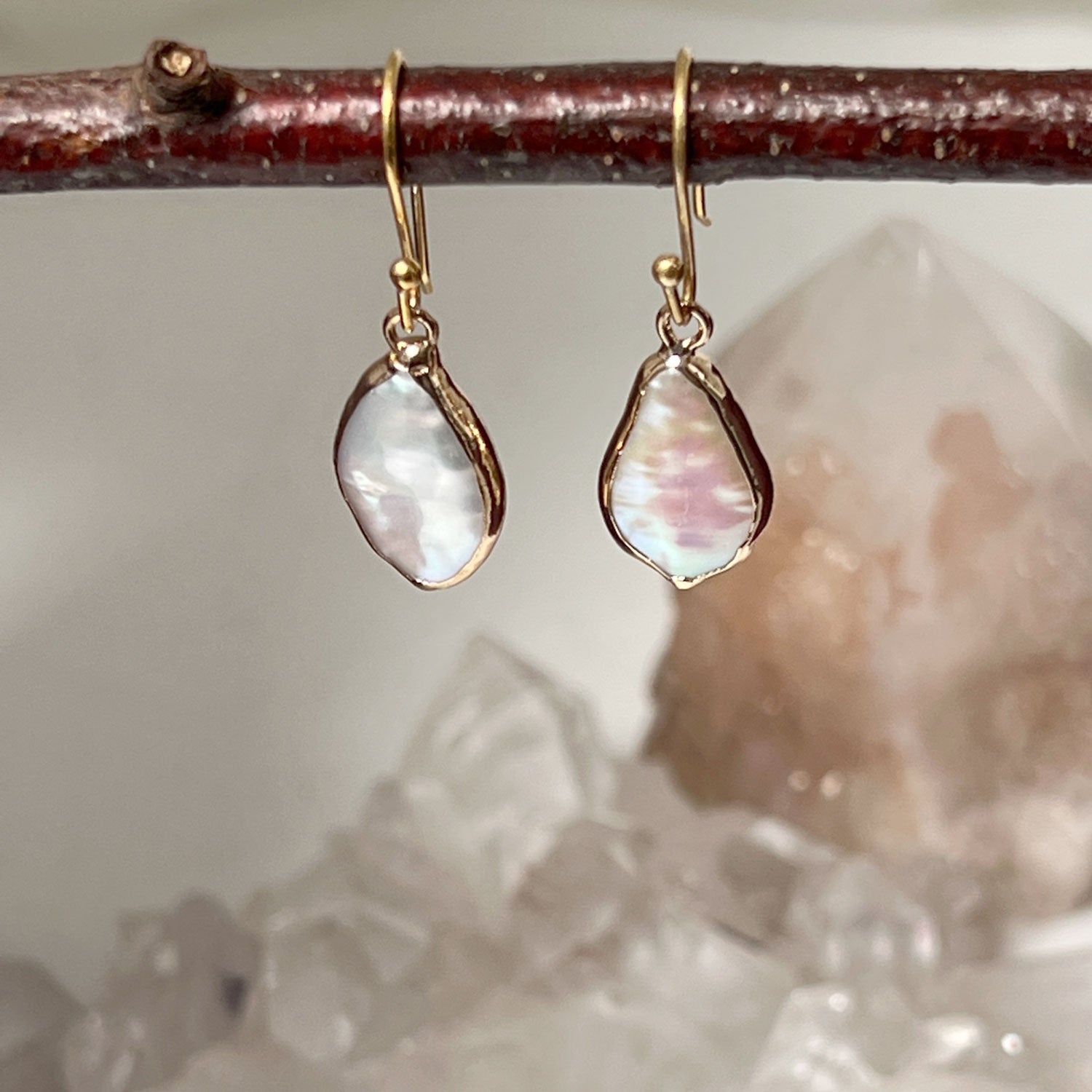 Freeform bezel set baroque freshwater pearl earrings on ear hooks