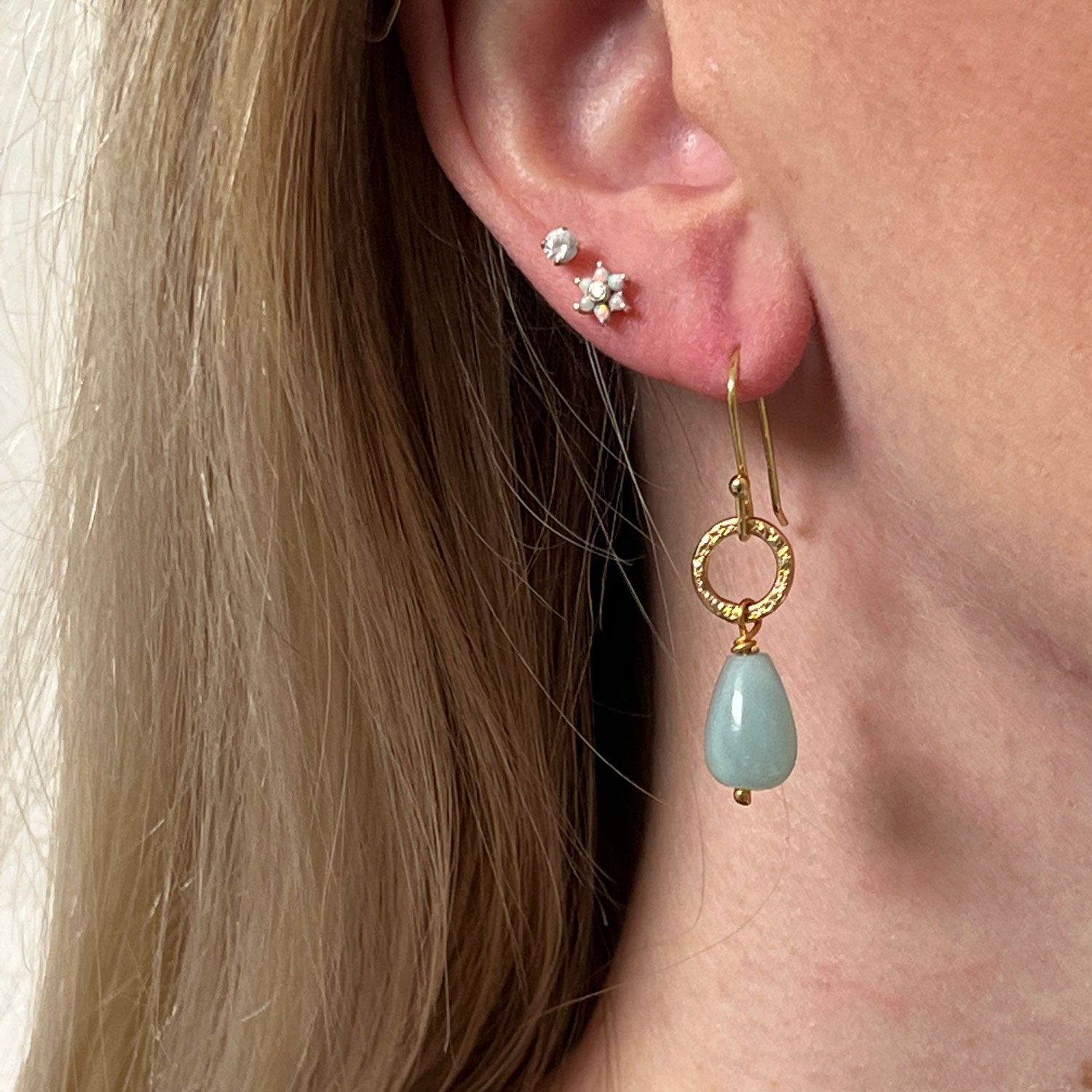 22ct gold plated earrings with calming amazonite stones worn on a model.