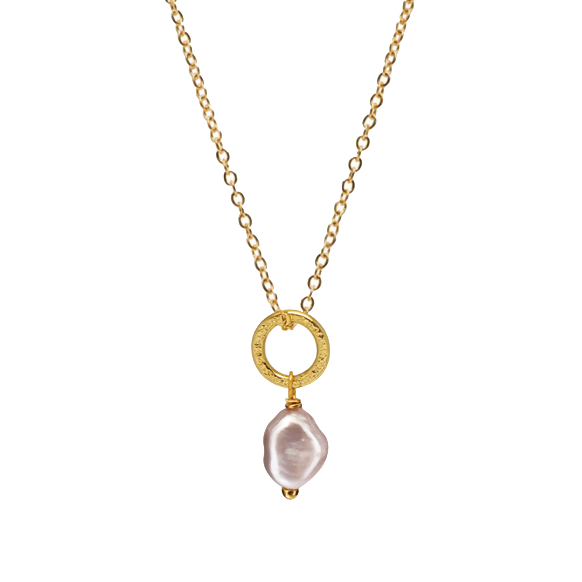 A gold-plated pendant necklace with a baroque pink pearl drop and a simple gold chain.