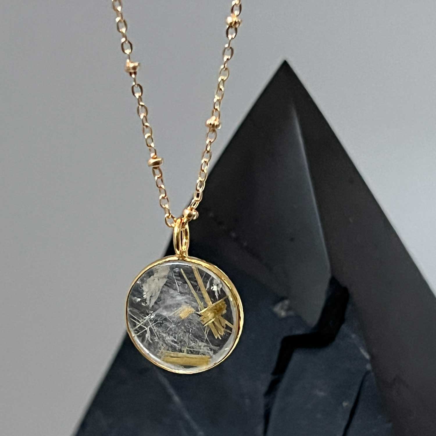 Rutil Quartz Coin Pendant on Long Satellite chain