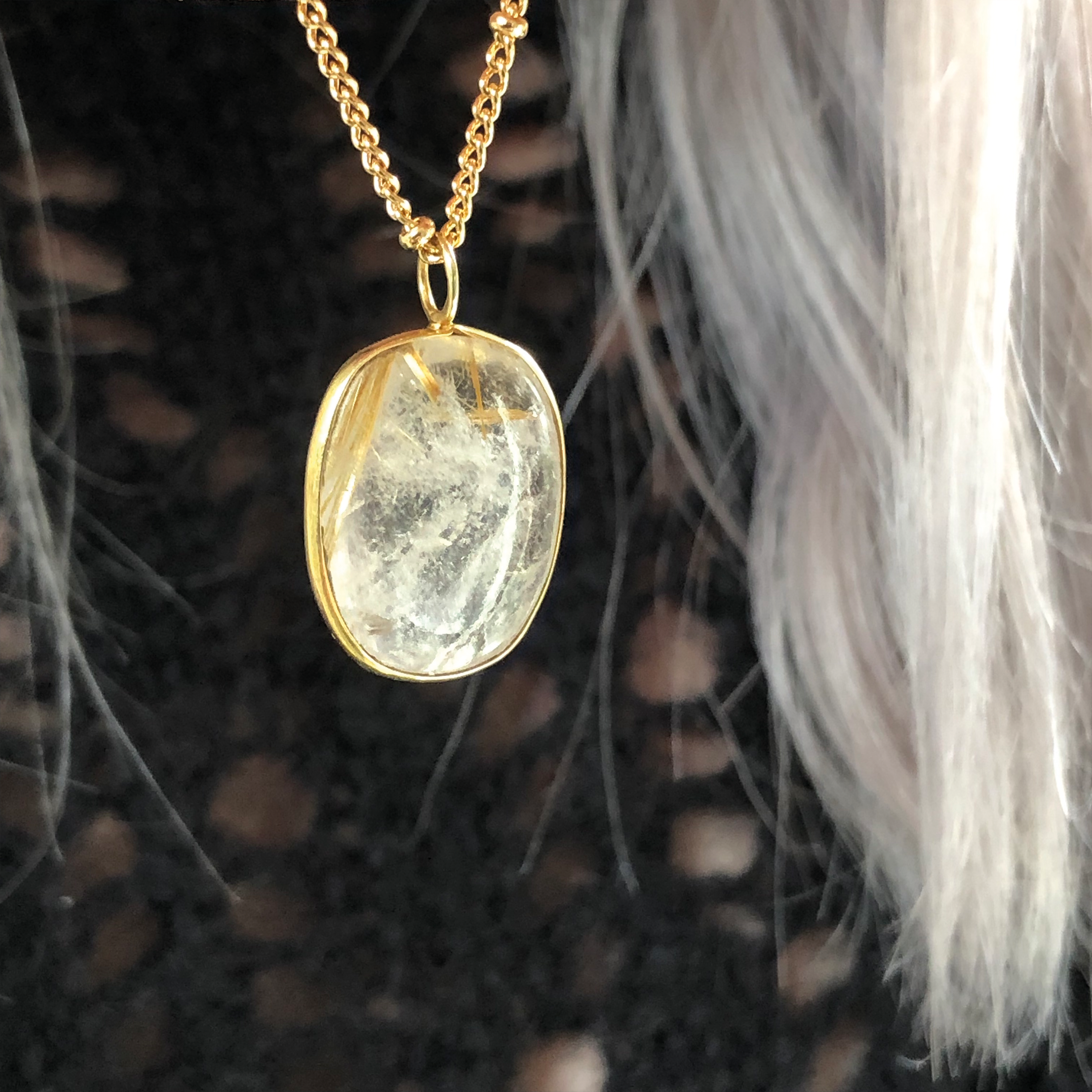 Golden Rutil Quartz Bezel Pendant on Biba Chain