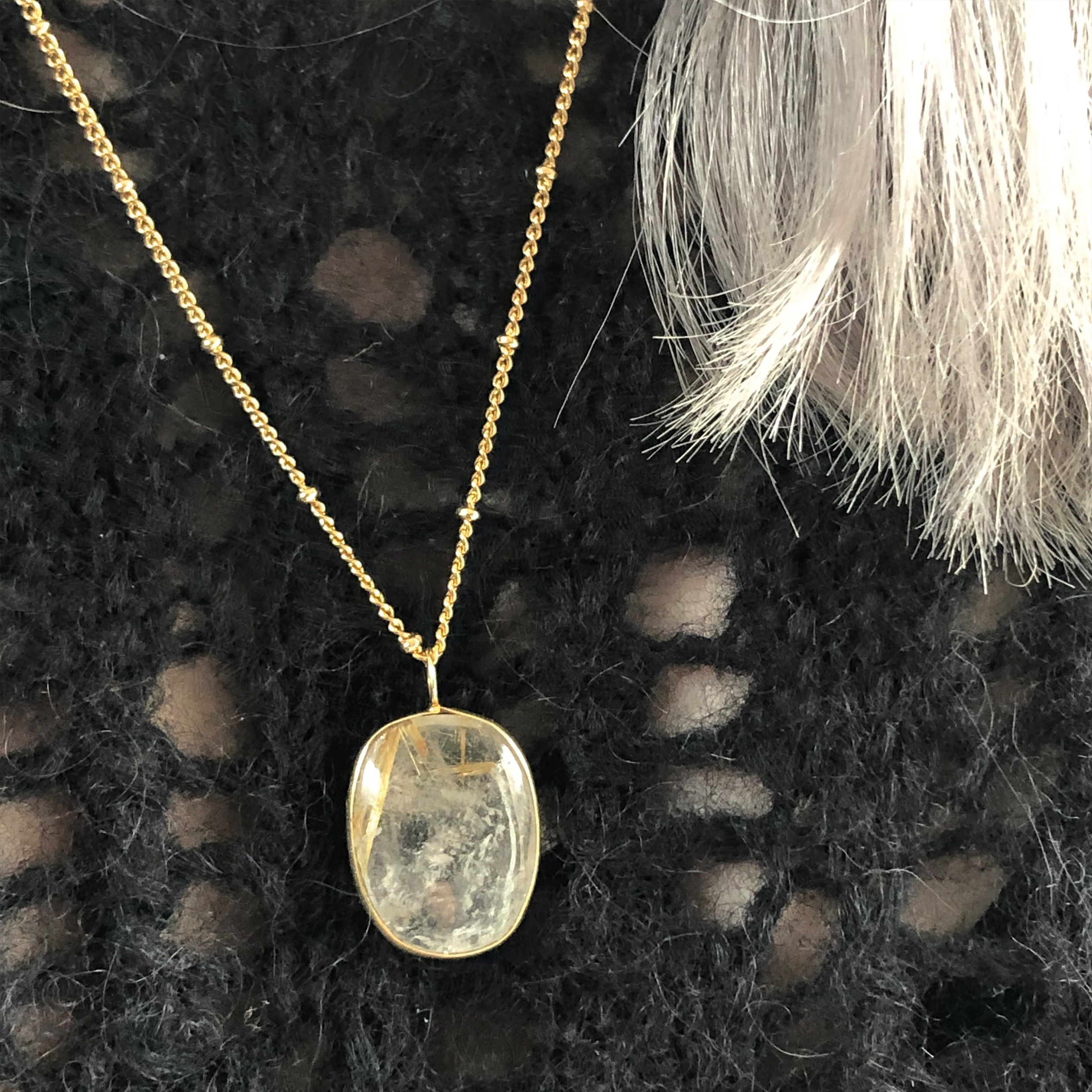 Golden Rutil Quartz Bezel Pendant on Biba Chain