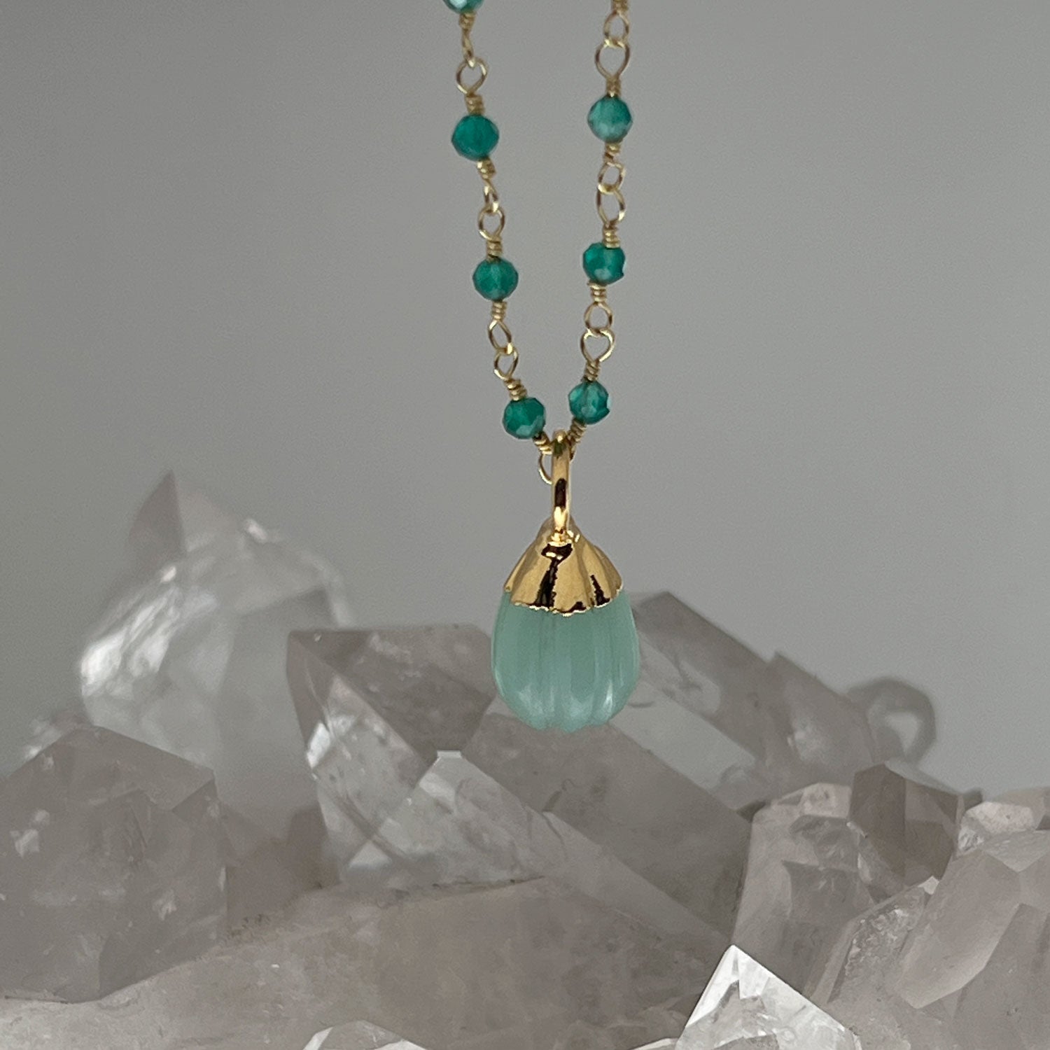 Green Onyx Rosary with Eva Aqua Chalcedony Pendant