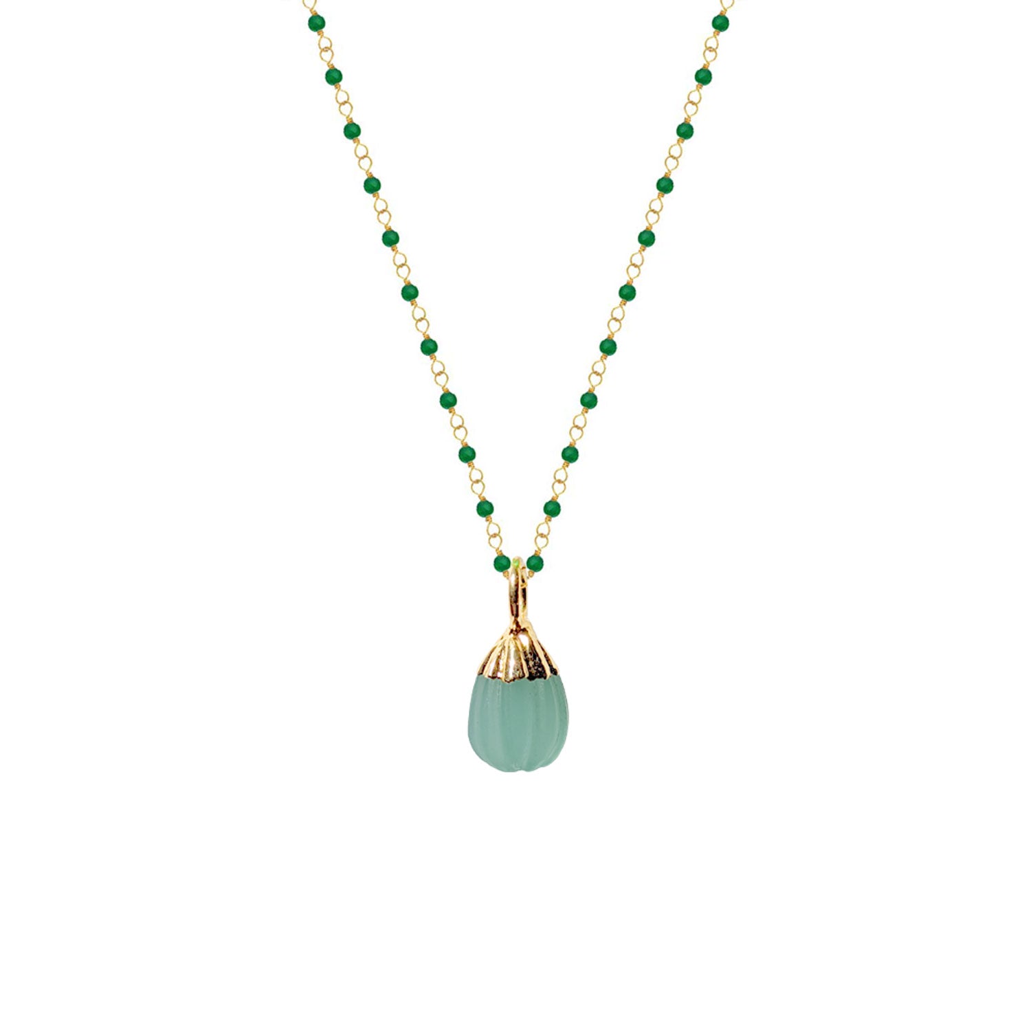 Green Onyx Rosary with Eva Aqua Chalcedony Pendant