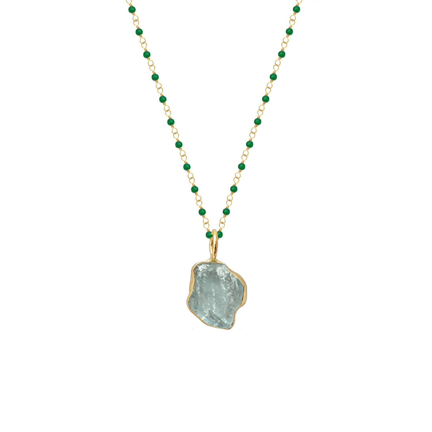 Green Onyx Rosary with Aquamarine Freeform Slice