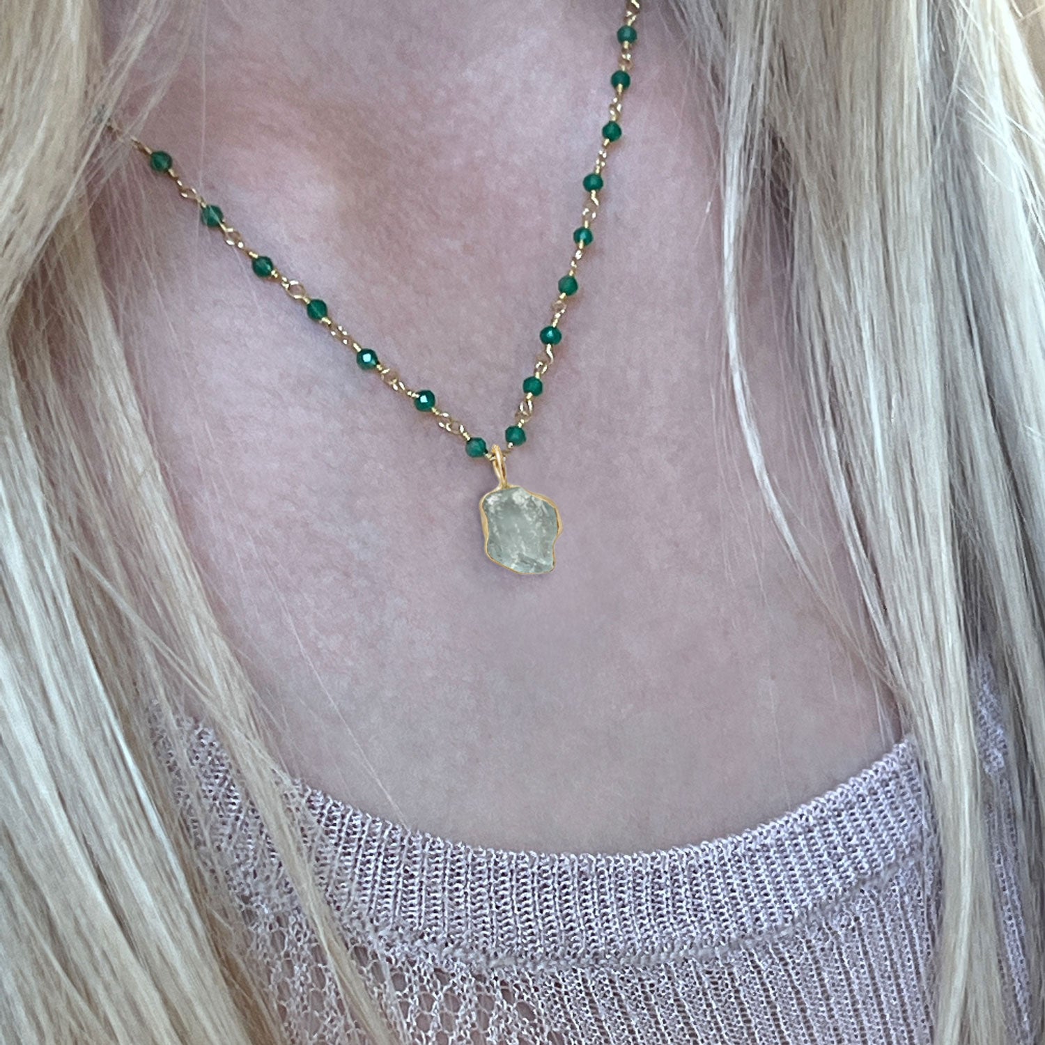Green Onyx Rosary with Aquamarine Freeform Slice