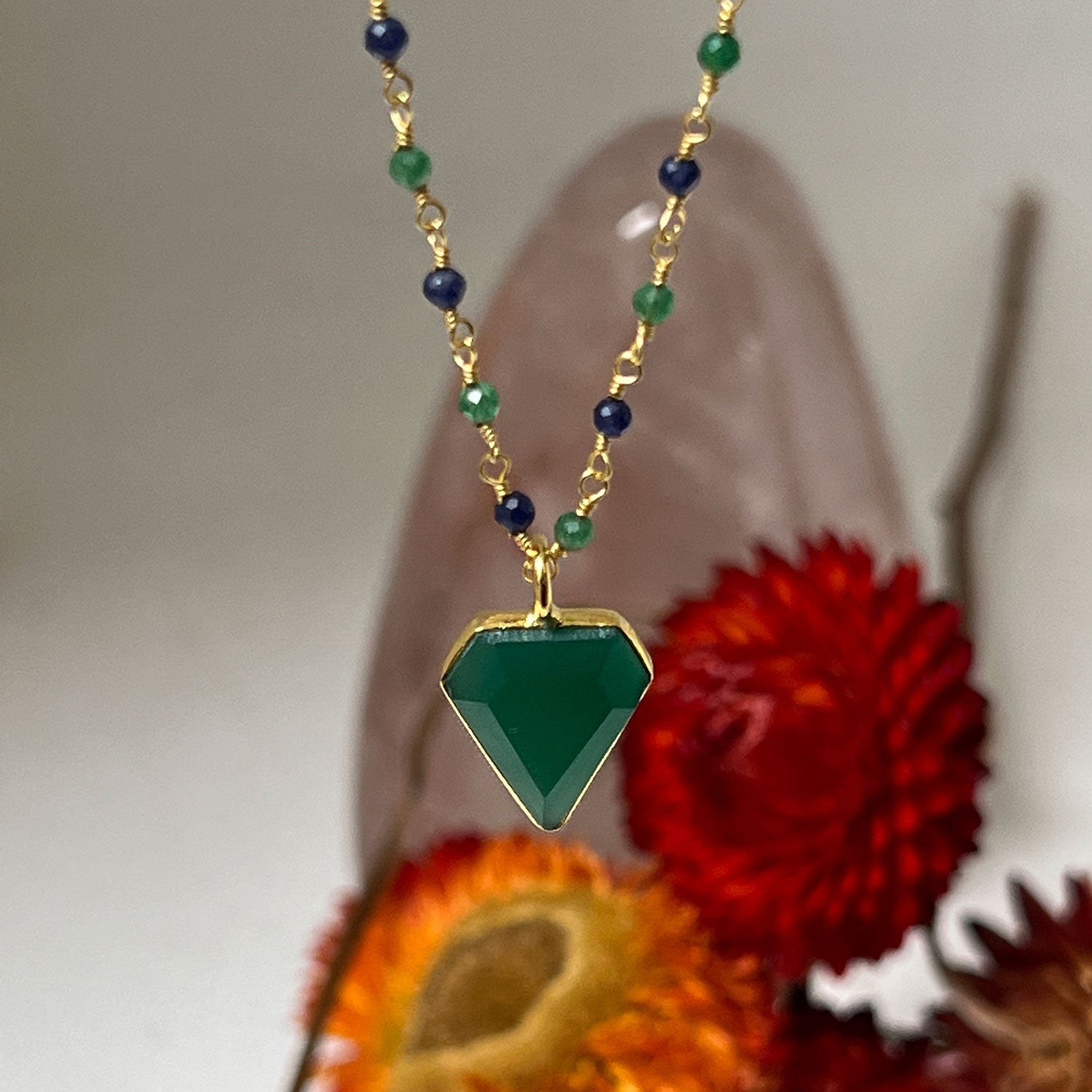 Emerald and Sapphire Rosary with Green Onyx Diamond Pendant