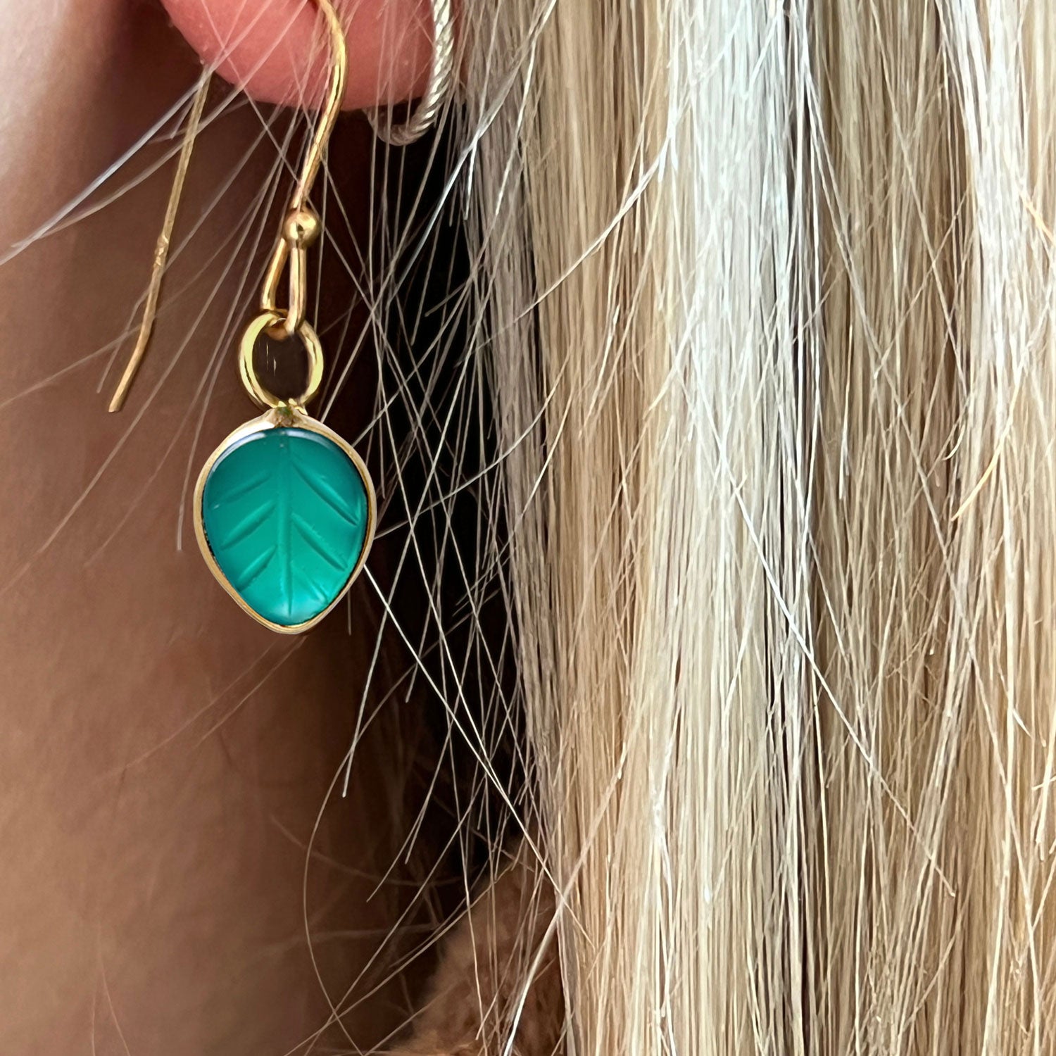Carved Leaf Green Onyx Hooks Earrings