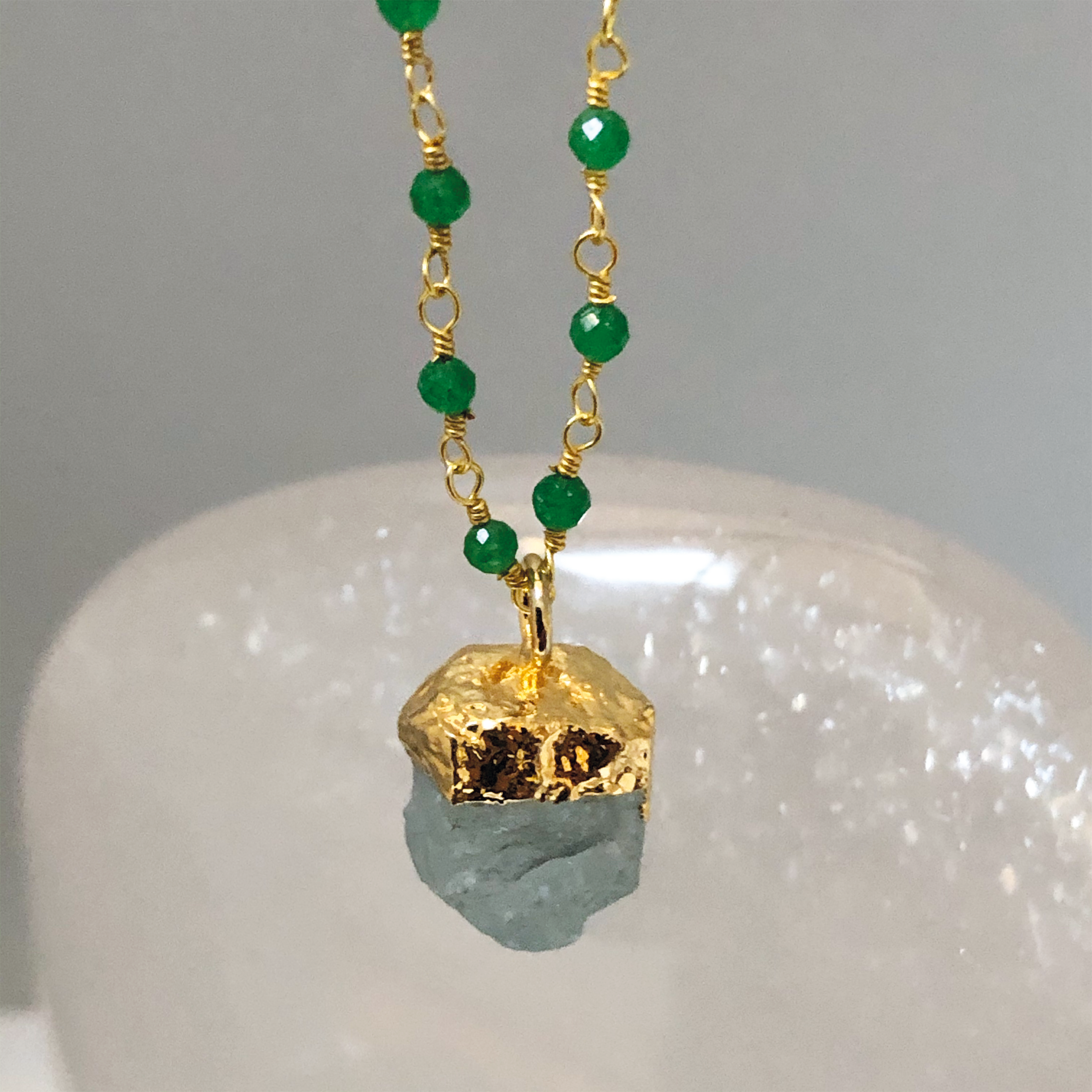 Green Onyx Rosary with Raw Aquamarine Pendant