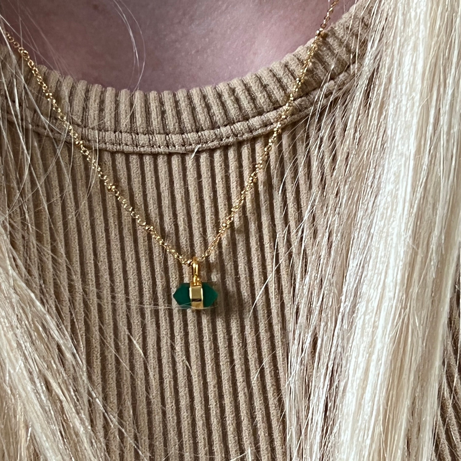 Horizontal Mini Double Point Green Onyx Pendant