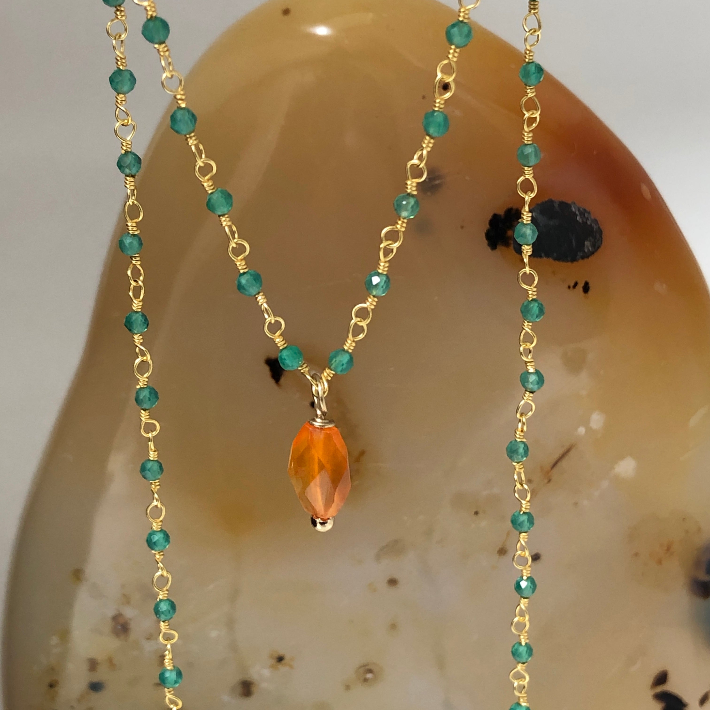 Green Onyx Rosary with Facetted Carnelian Pendant