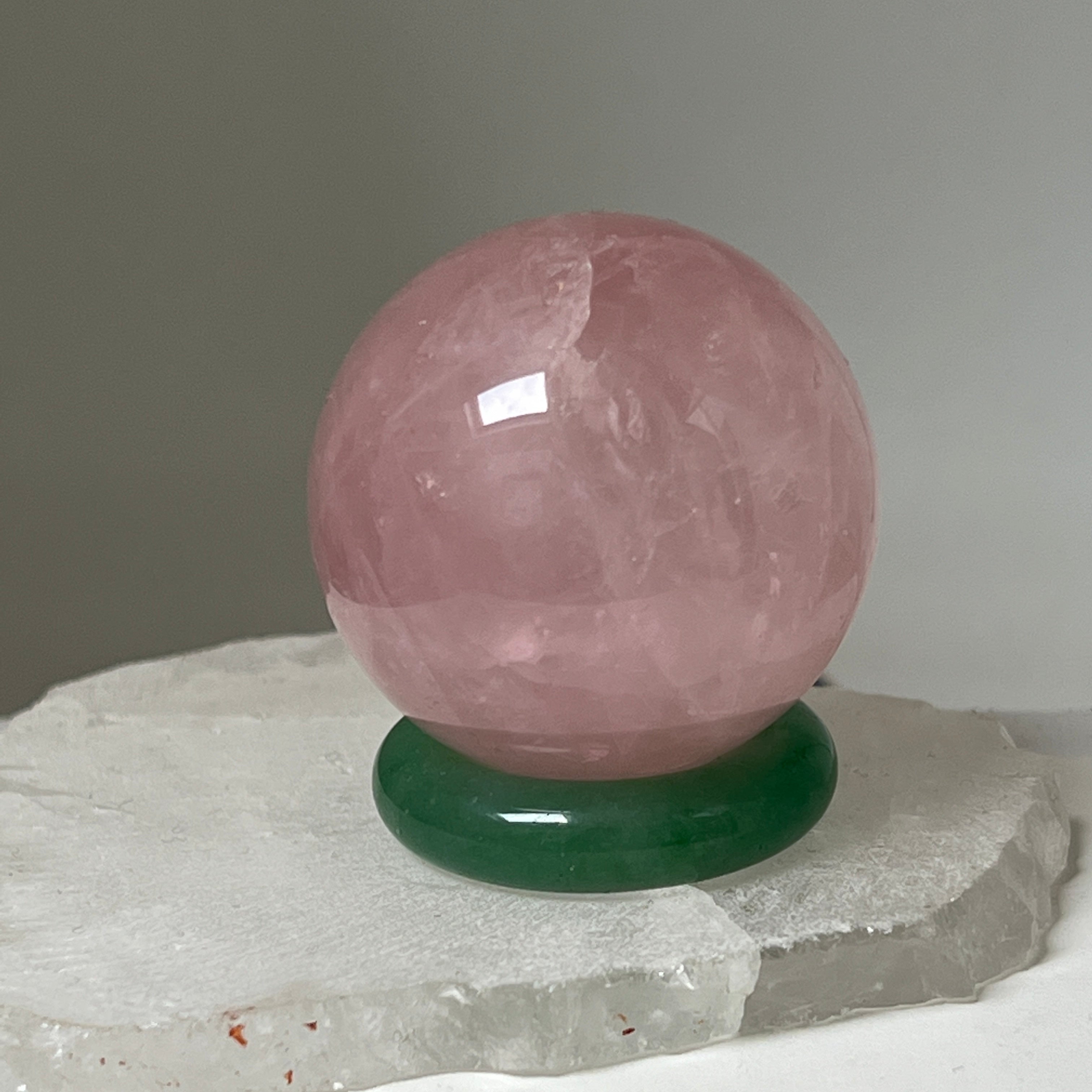 Rose quartz ball from Madagascar with Jade ring