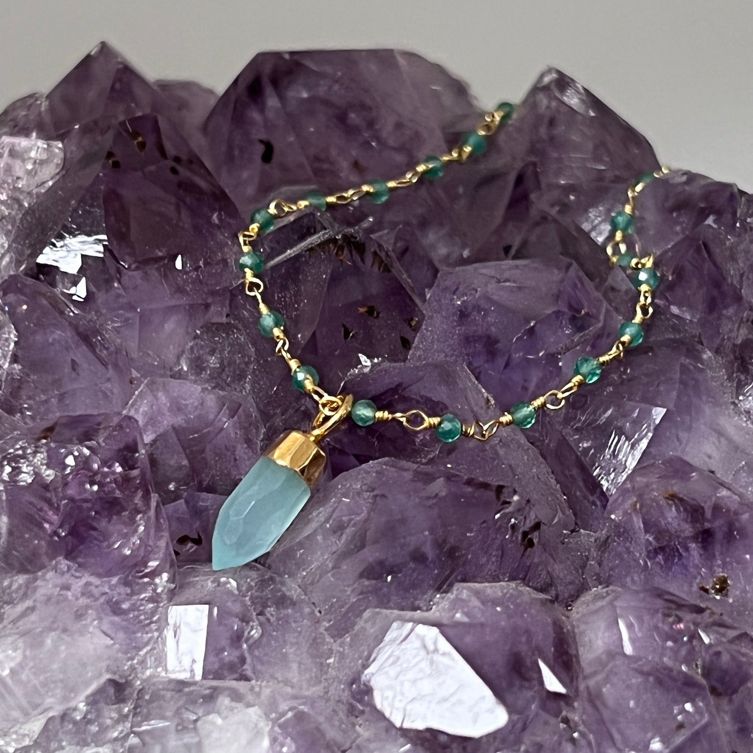 Green Onyx Rosary Aqua Chalcedony Mini Point