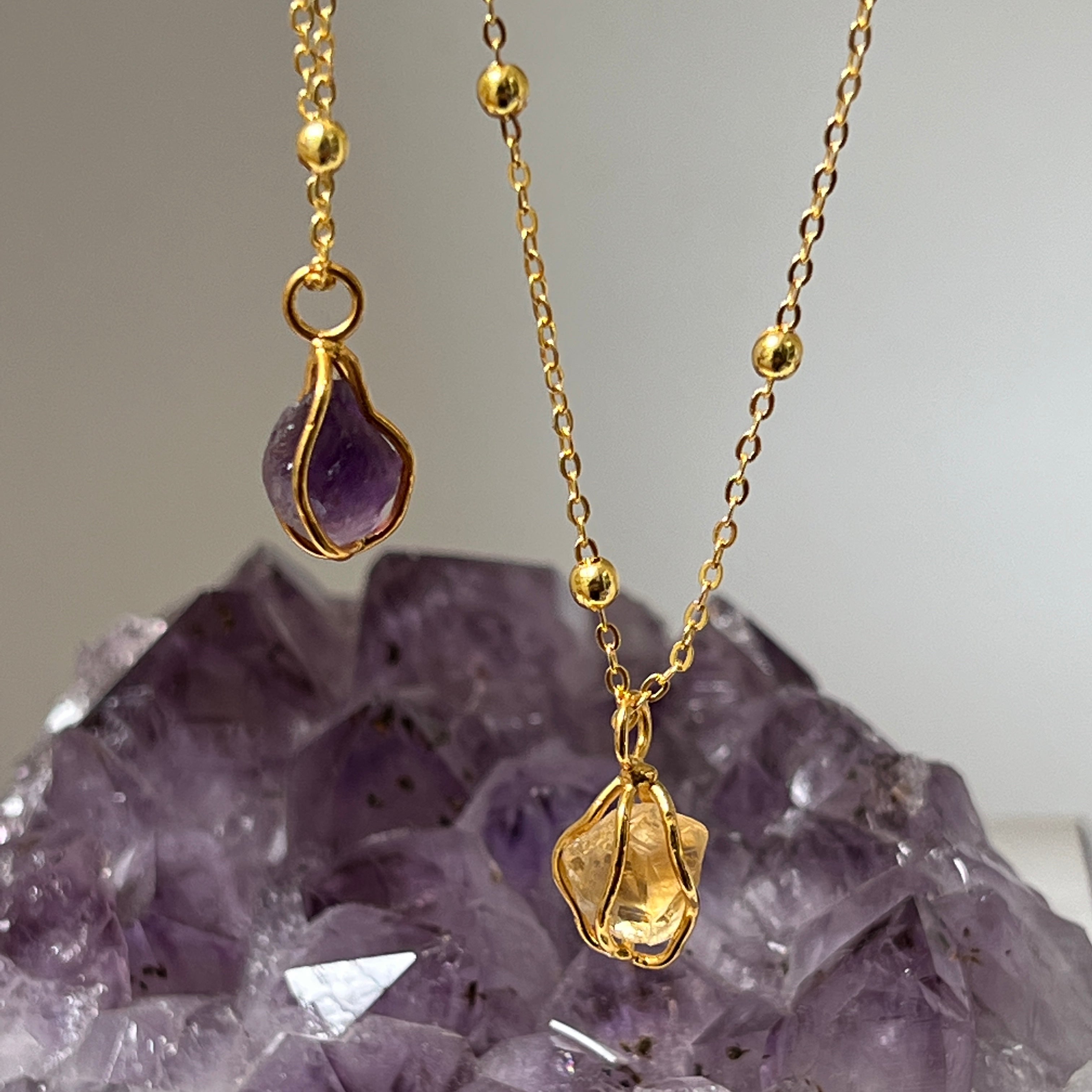 Raw Citrine in cage on long Saturn ball chain