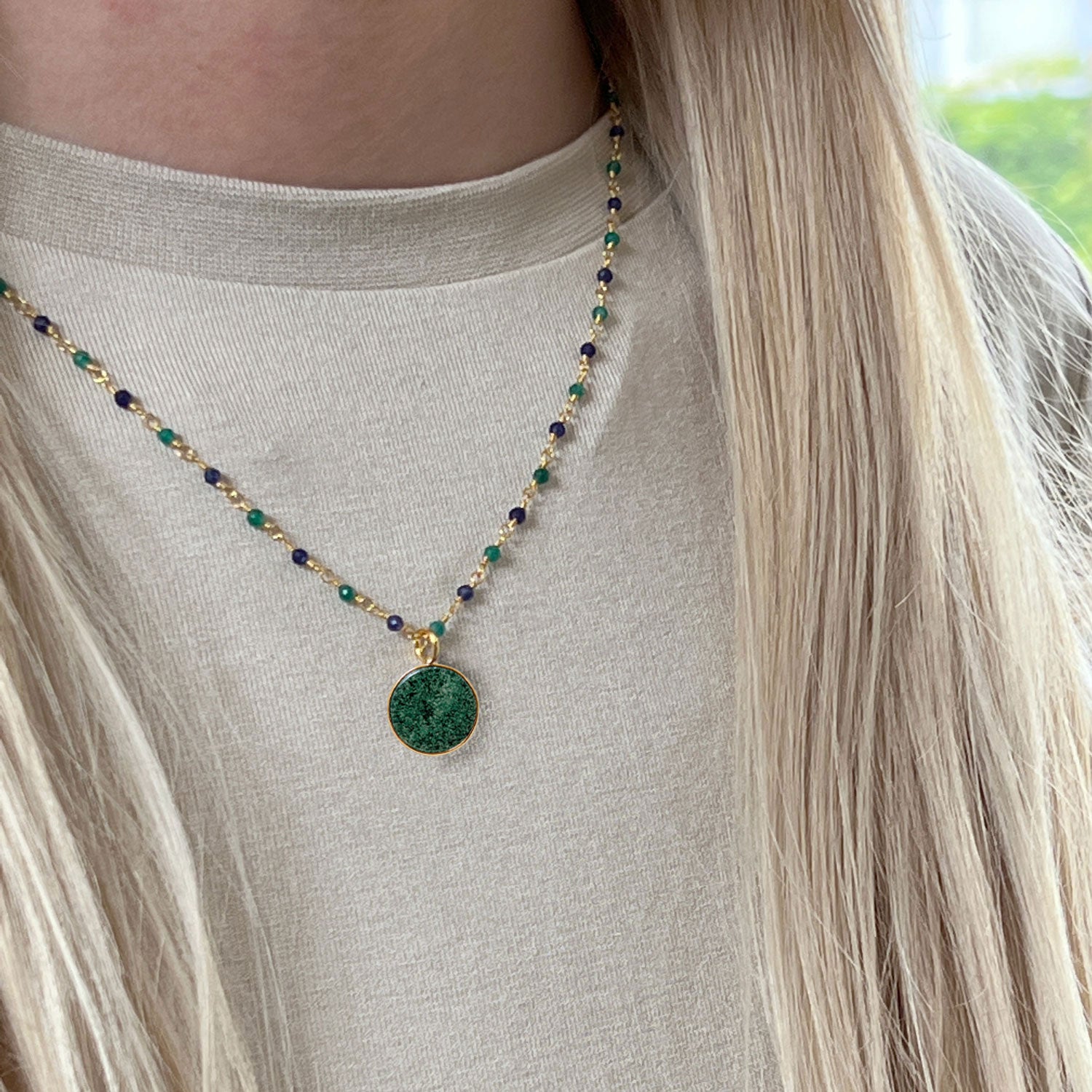 Jade Coin Pendant on Emerald and Sapphire Rosary chain