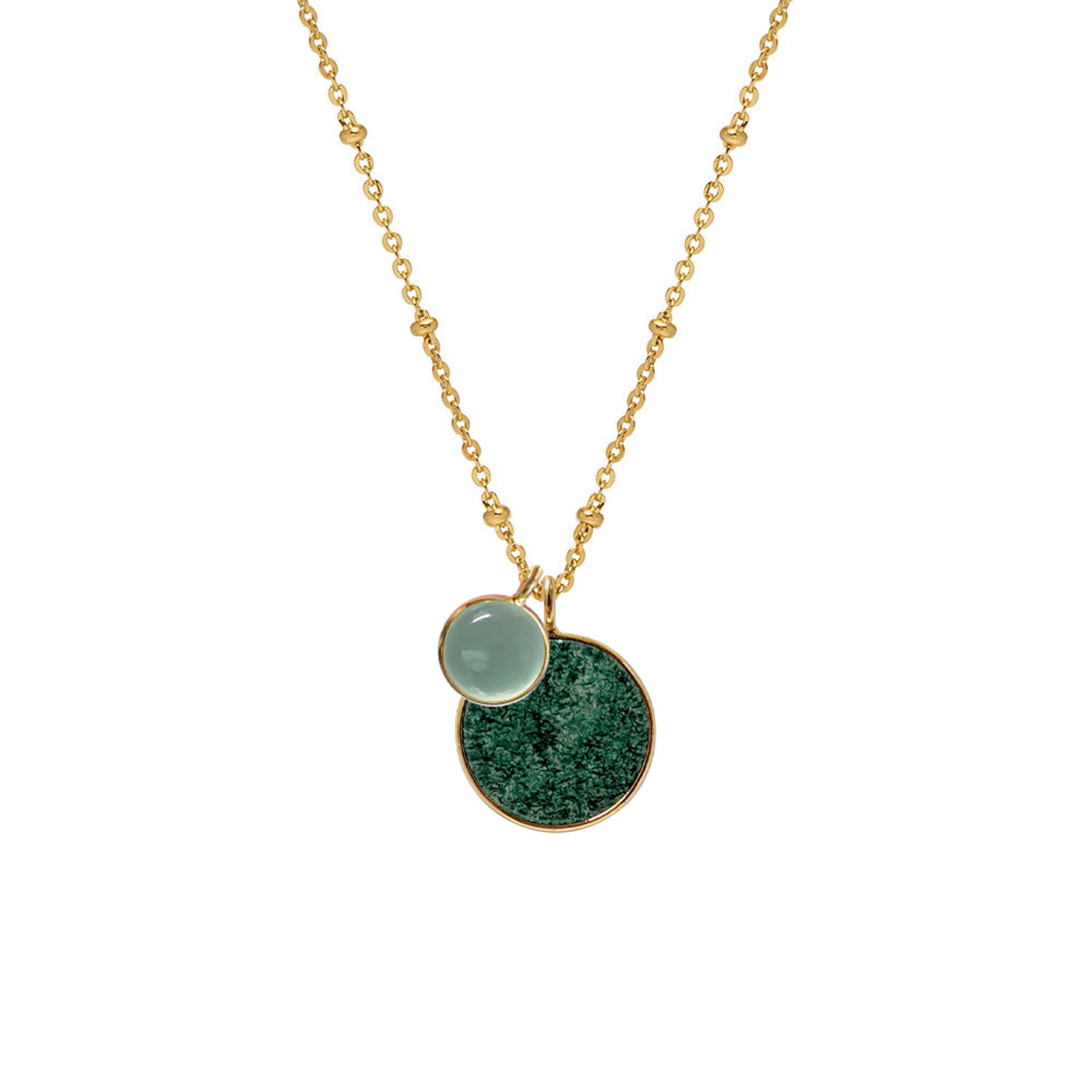 Duo Jade & Aqua Chalcedony Pendant on long Satellite Chain