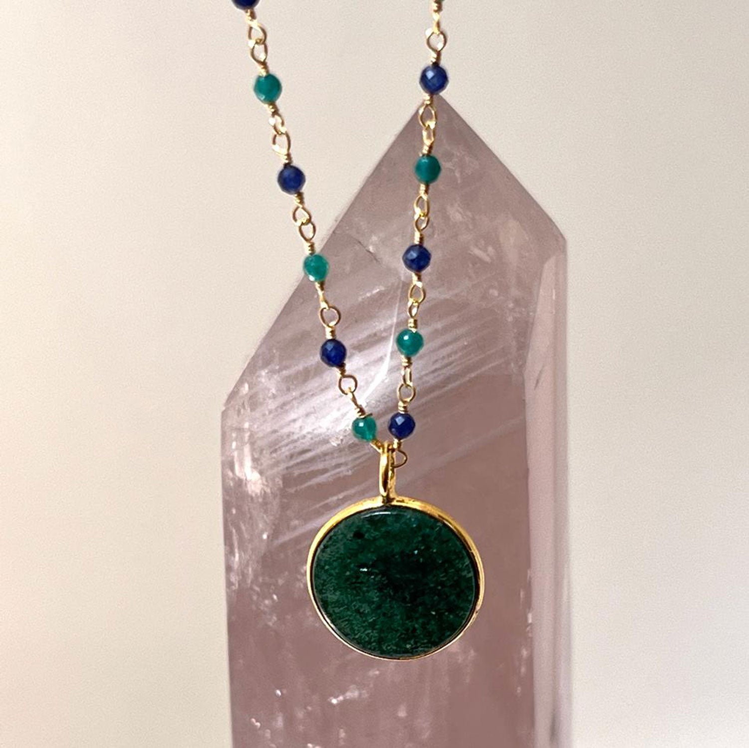 Jade Coin Pendant on Emerald and Sapphire Rosary chain