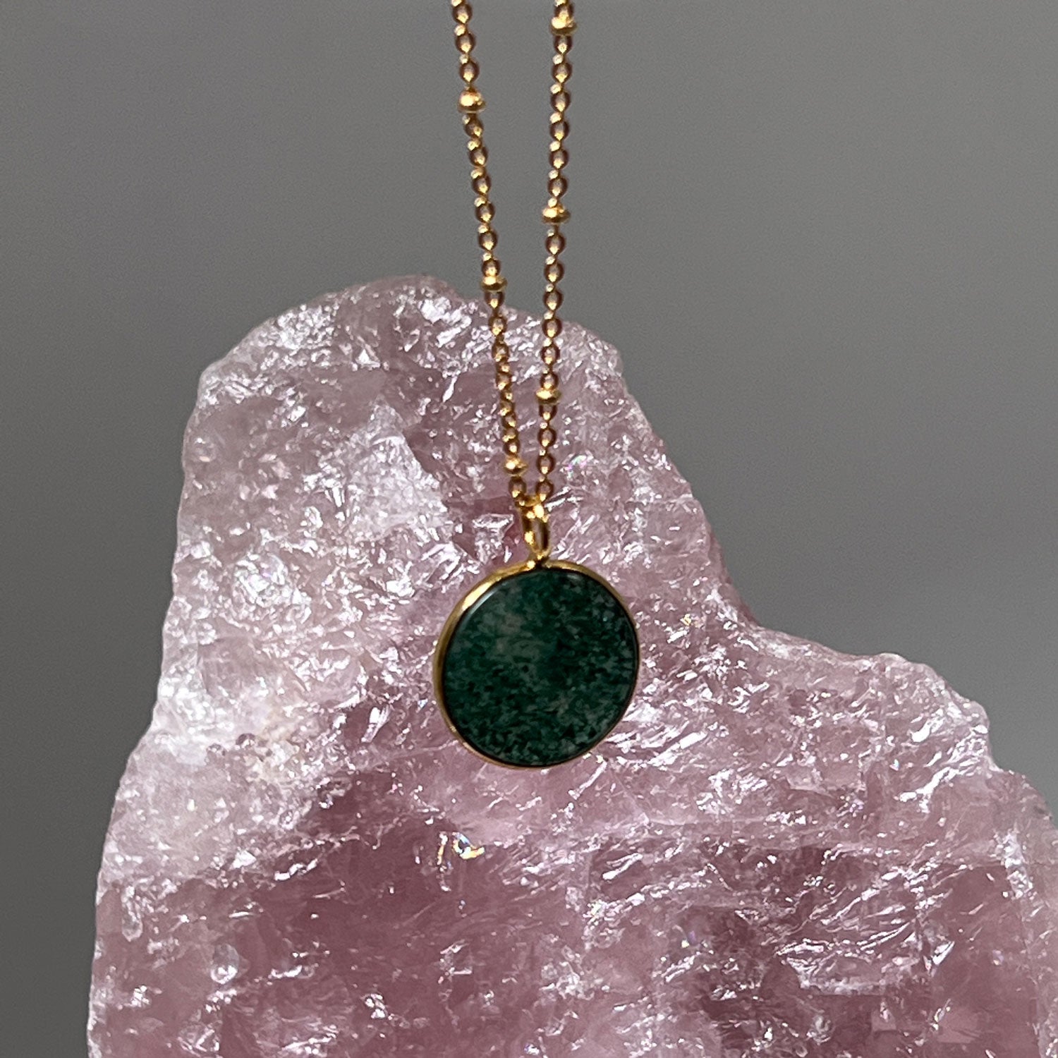 Jade Coin Pendant on long Satellite chain