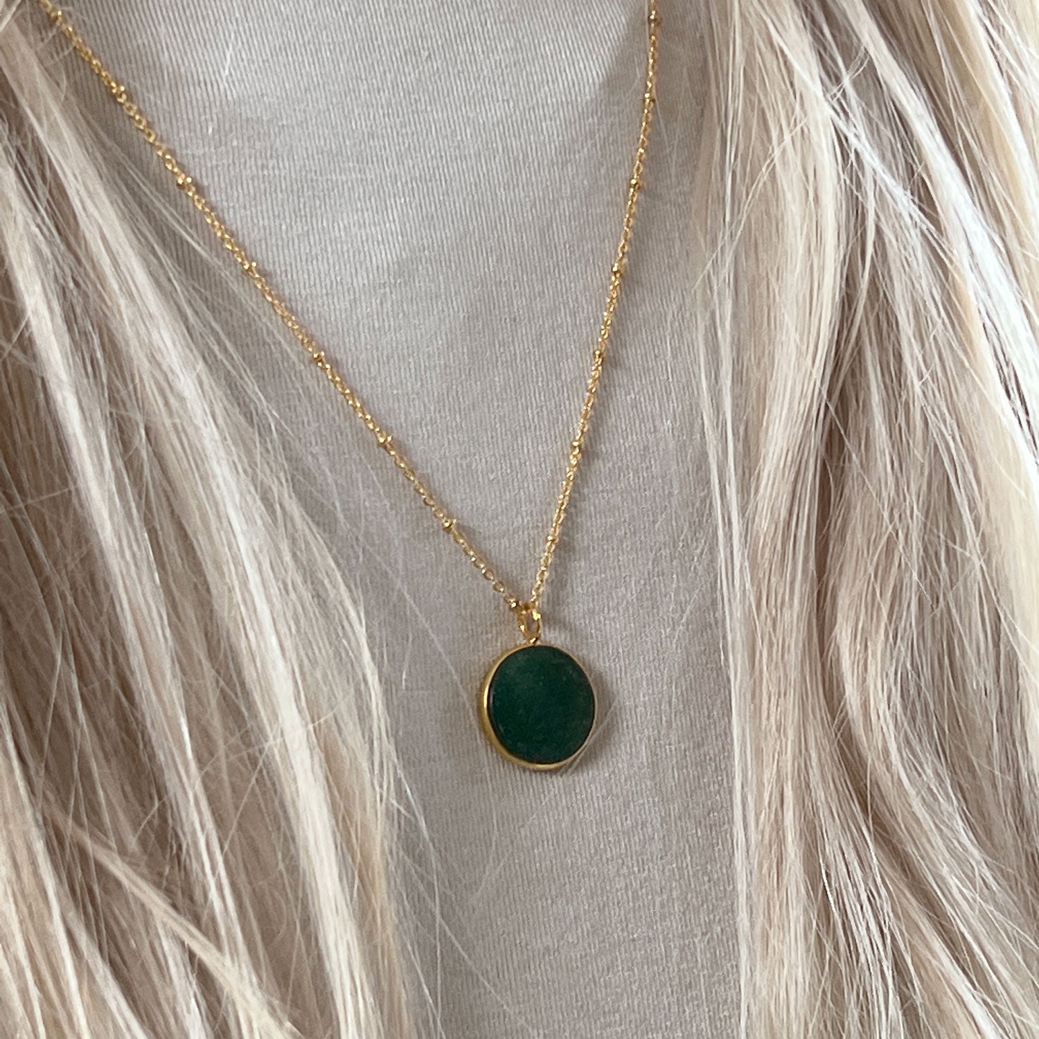 Jade Coin Pendant on long Satellite chain